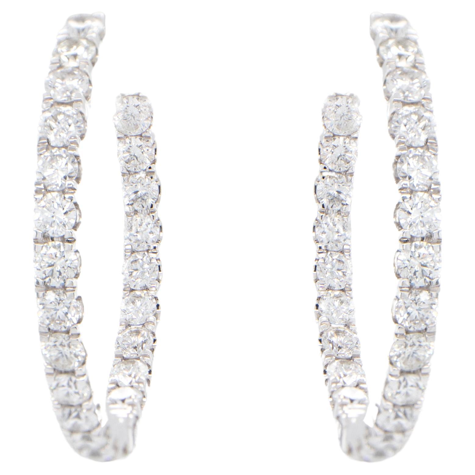 Double Diamond Hoop Earrings Round Cut 2.15 Carats 18K Gold