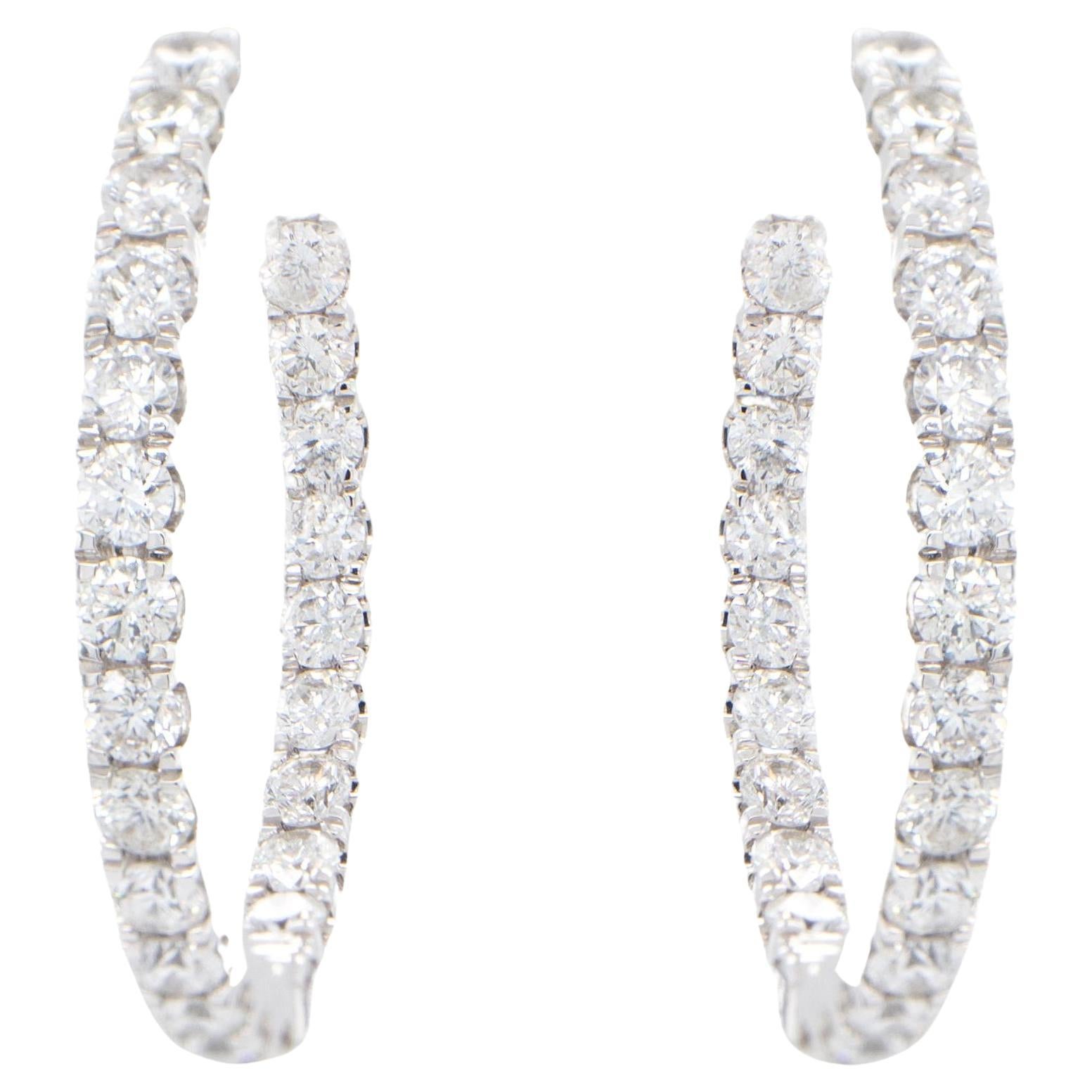 Double Diamond Hoop Earrings Round Cut 2.15 Carats 18K Gold For Sale