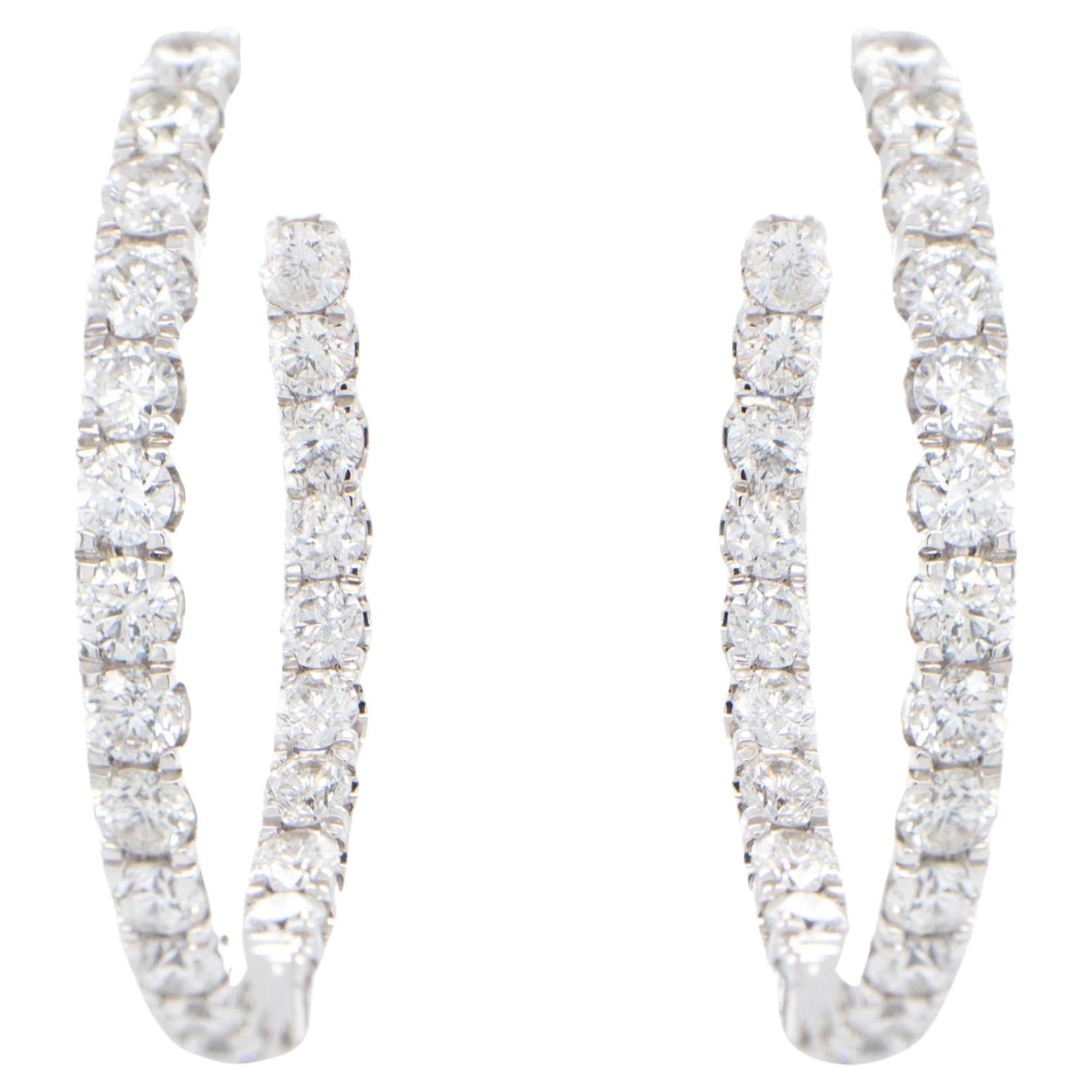 Double Diamond Hoop Earrings Round Cut 2.15 Carats 18K Gold