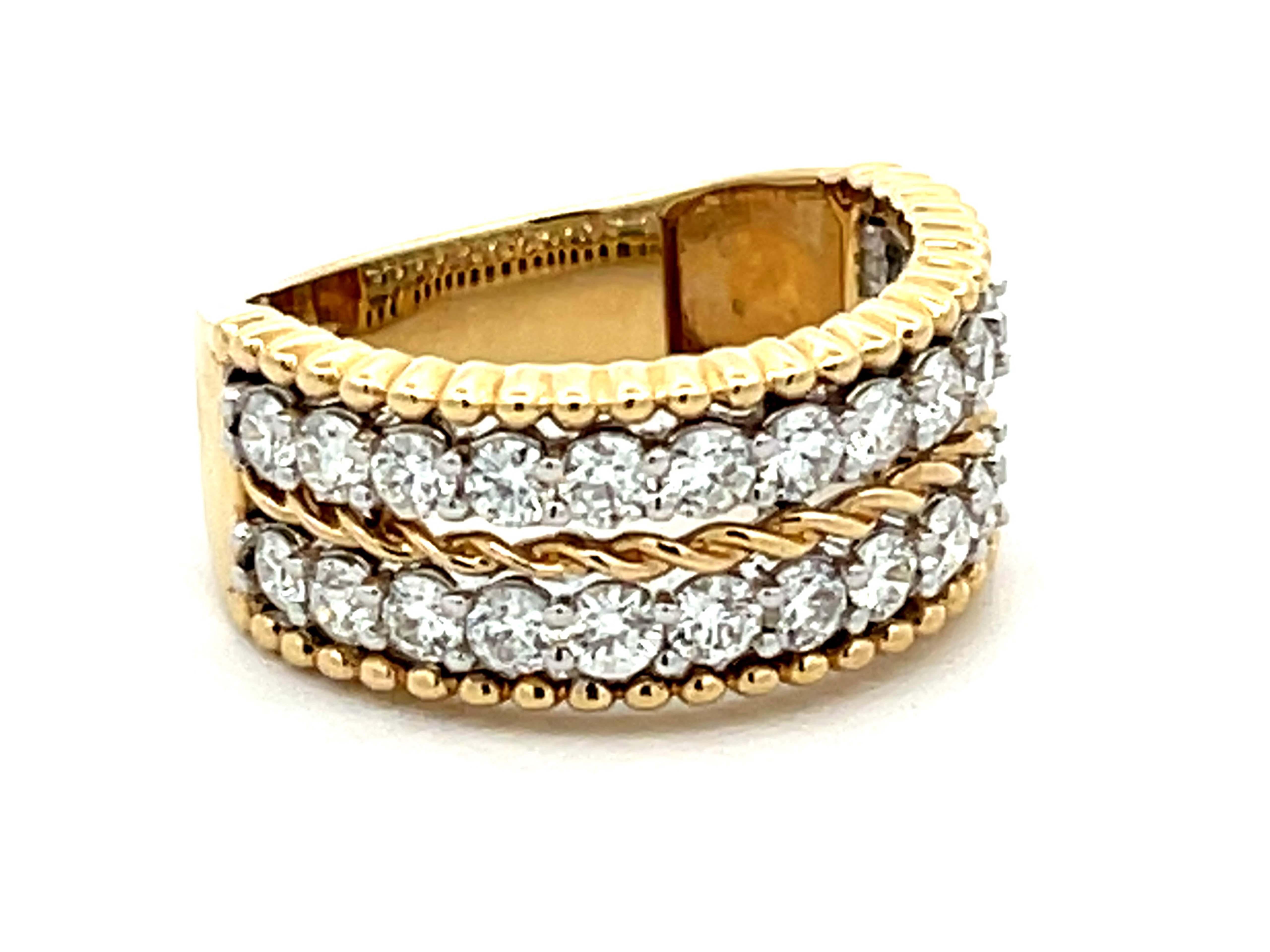 Taille brillant Bague à double rangée de diamants en or jaune 14 carats en vente