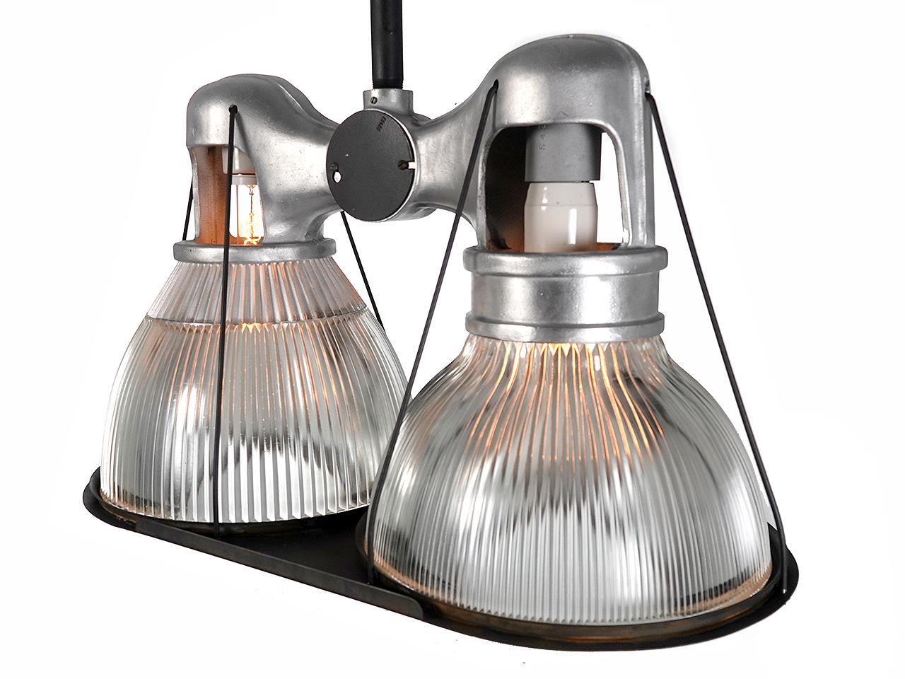 Industrial Double Dome Holophane Chandelier For Sale