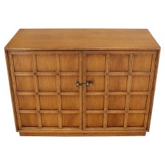 Vintage Double Door Buckle Latch Lattice and Brass Studs Front Credenza Console Cabinet