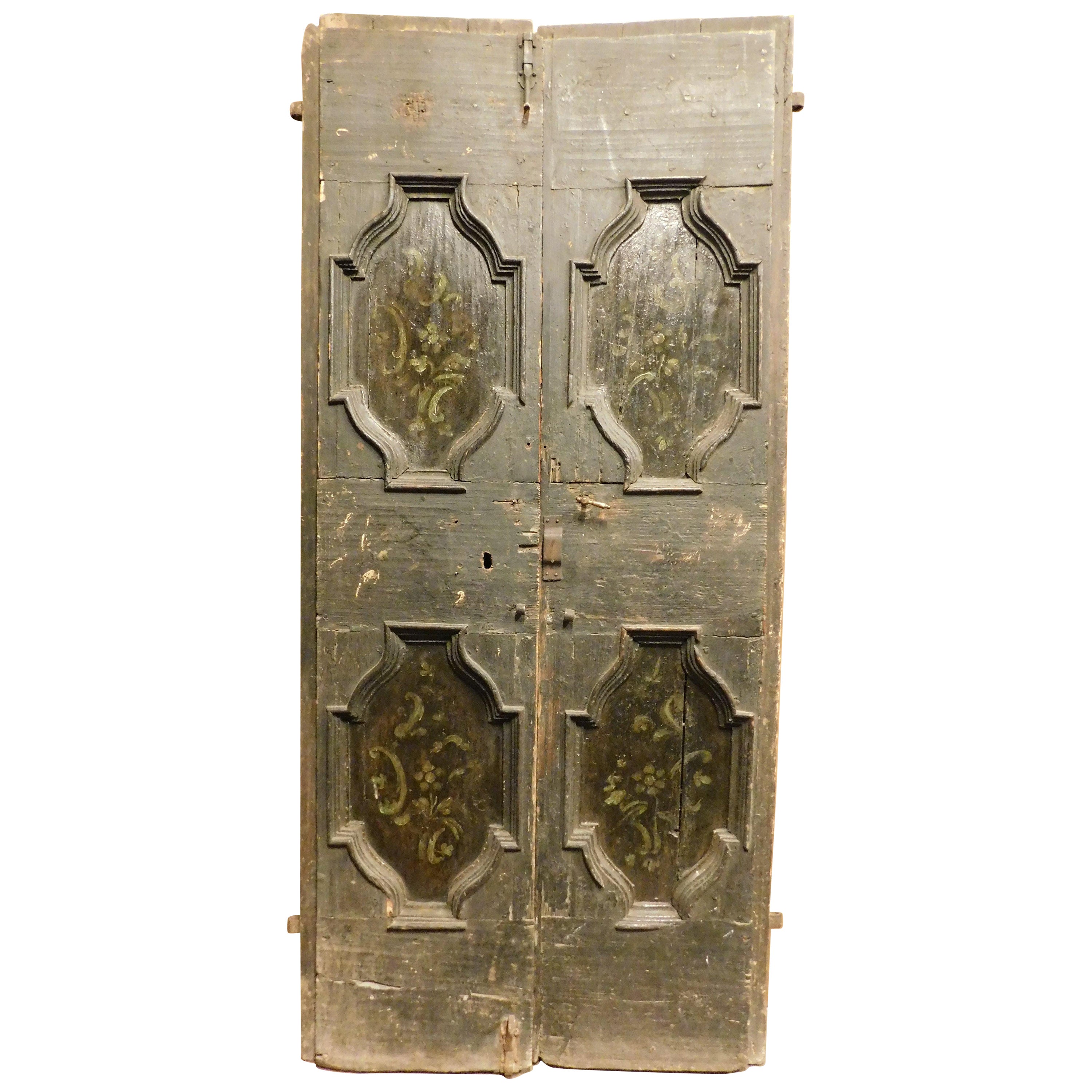 Double door in rustic larch wood, black background and painted panels, italy For Sale