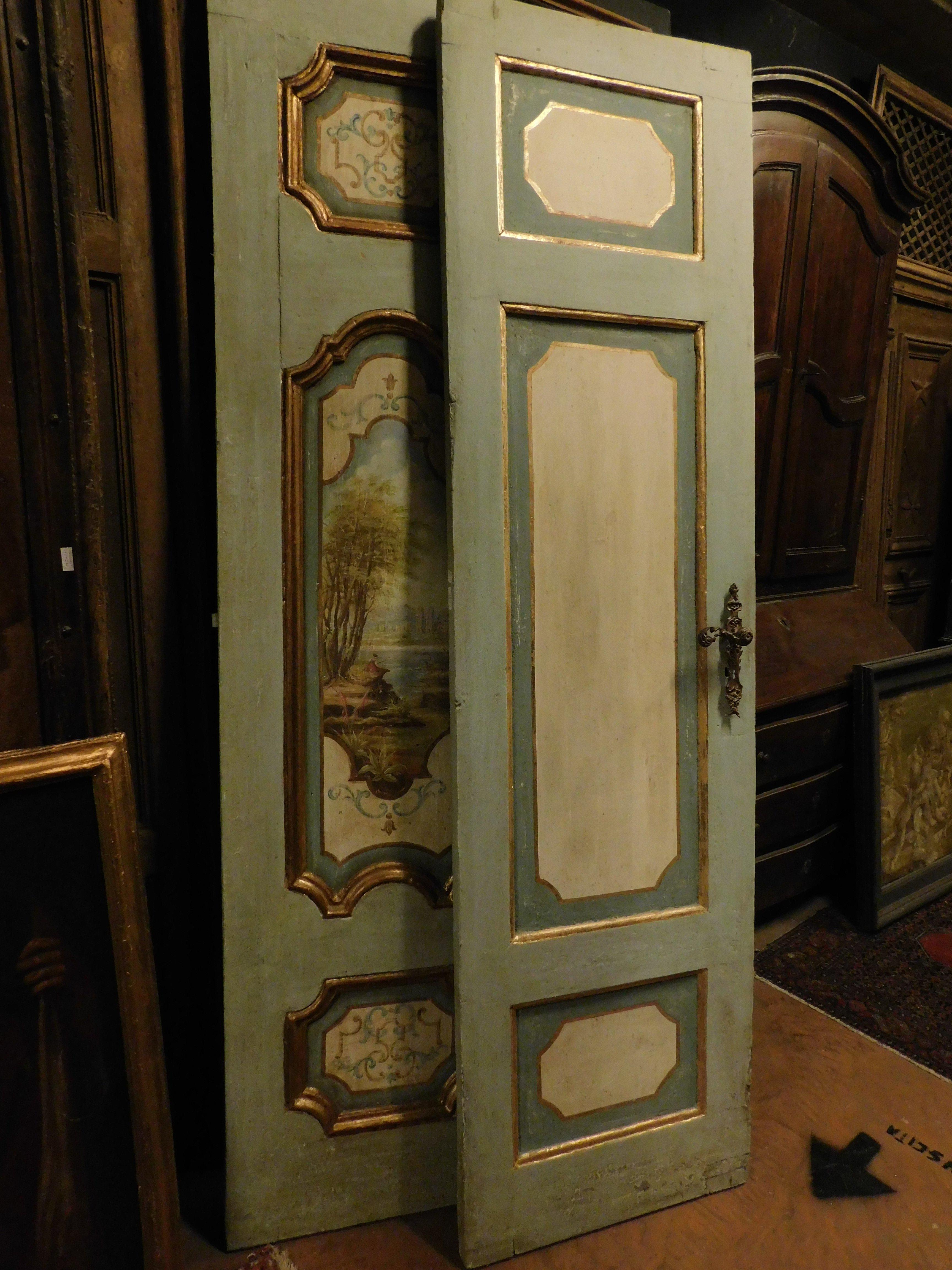 Puertas dobles de madera ricamente pintada, dorso lacado, Italia Álamo en venta