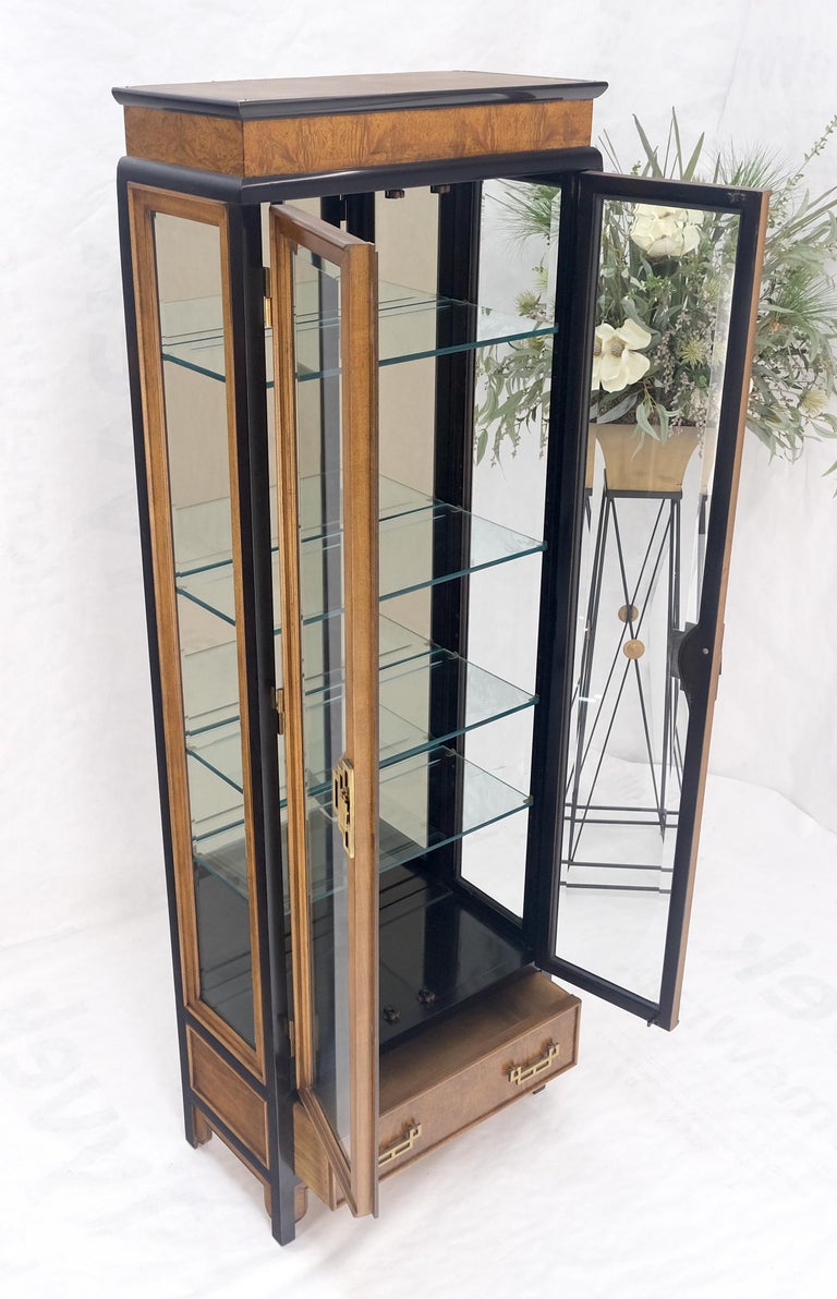 Double Doors Tall Narrow Glass Shelves Burl Wood Black Lacquer Vitrine Wall  Unit For Sale at 1stDibs | narrow black cabinet with glass doors