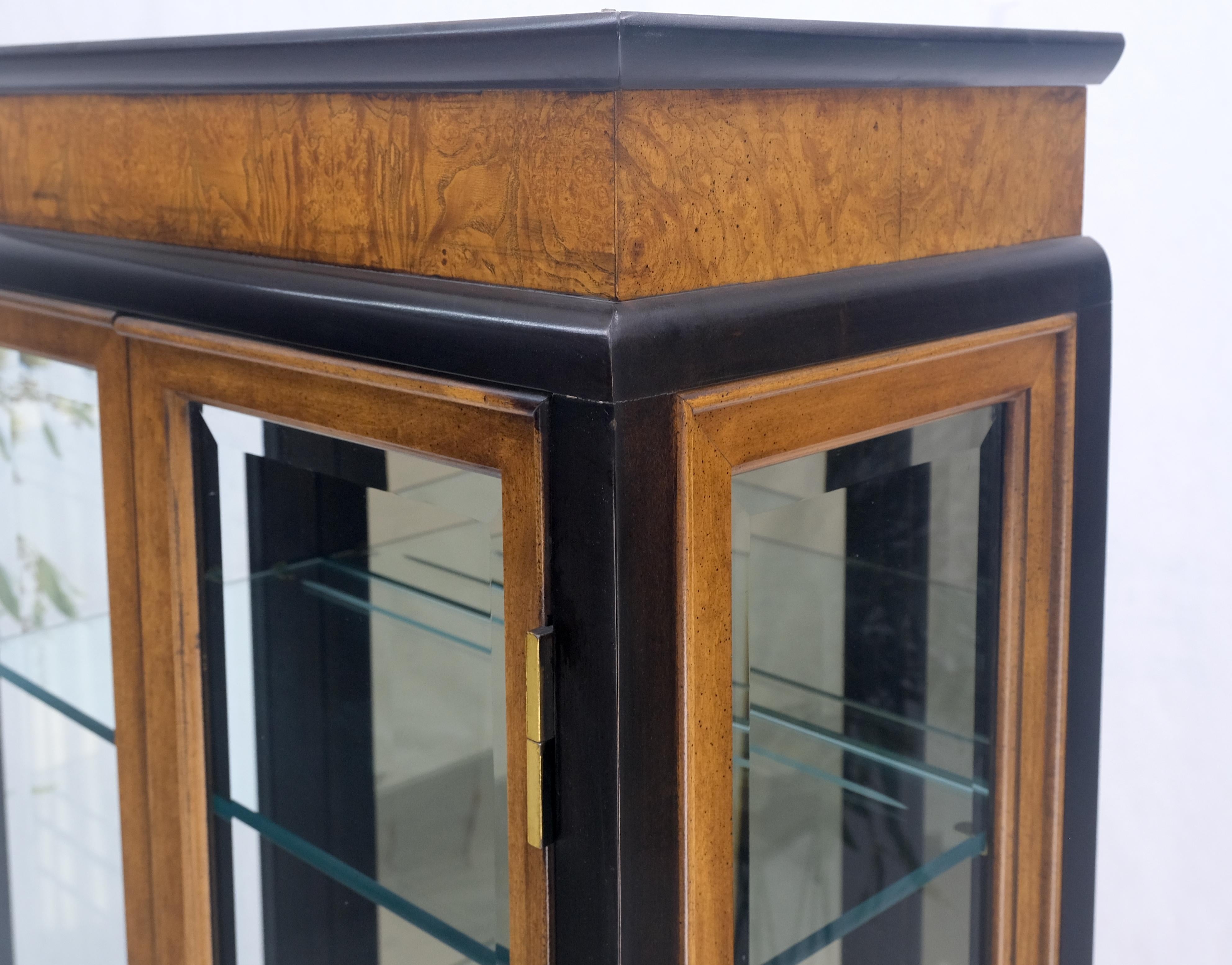 Mid-Century Modern Double Doors Tall Narrow Glass Shelves Burl Wood Black Lacquer Vitrine Wall Unit