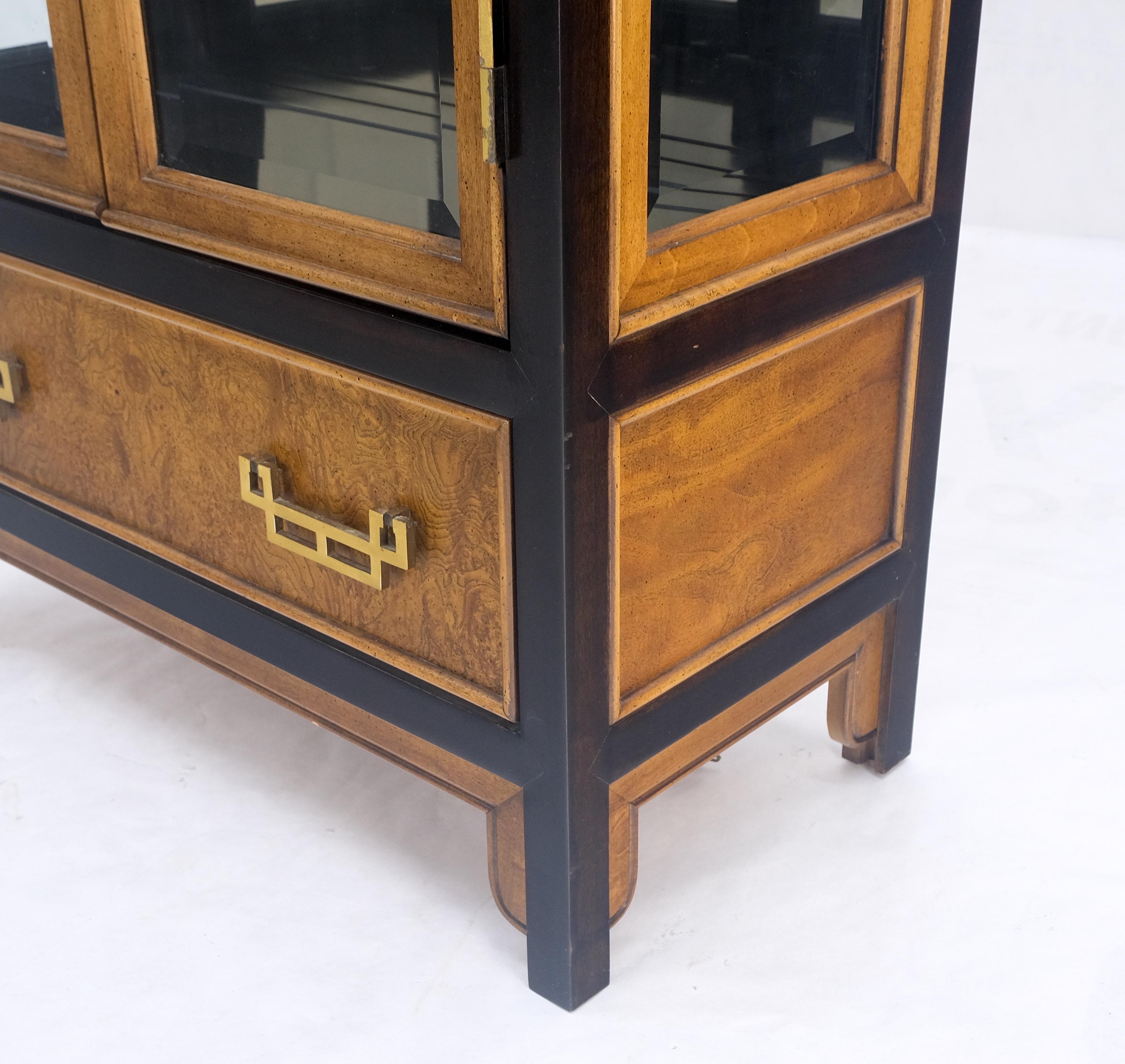 Lacquered Double Doors Tall Narrow Glass Shelves Burl Wood Black Lacquer Vitrine Wall Unit
