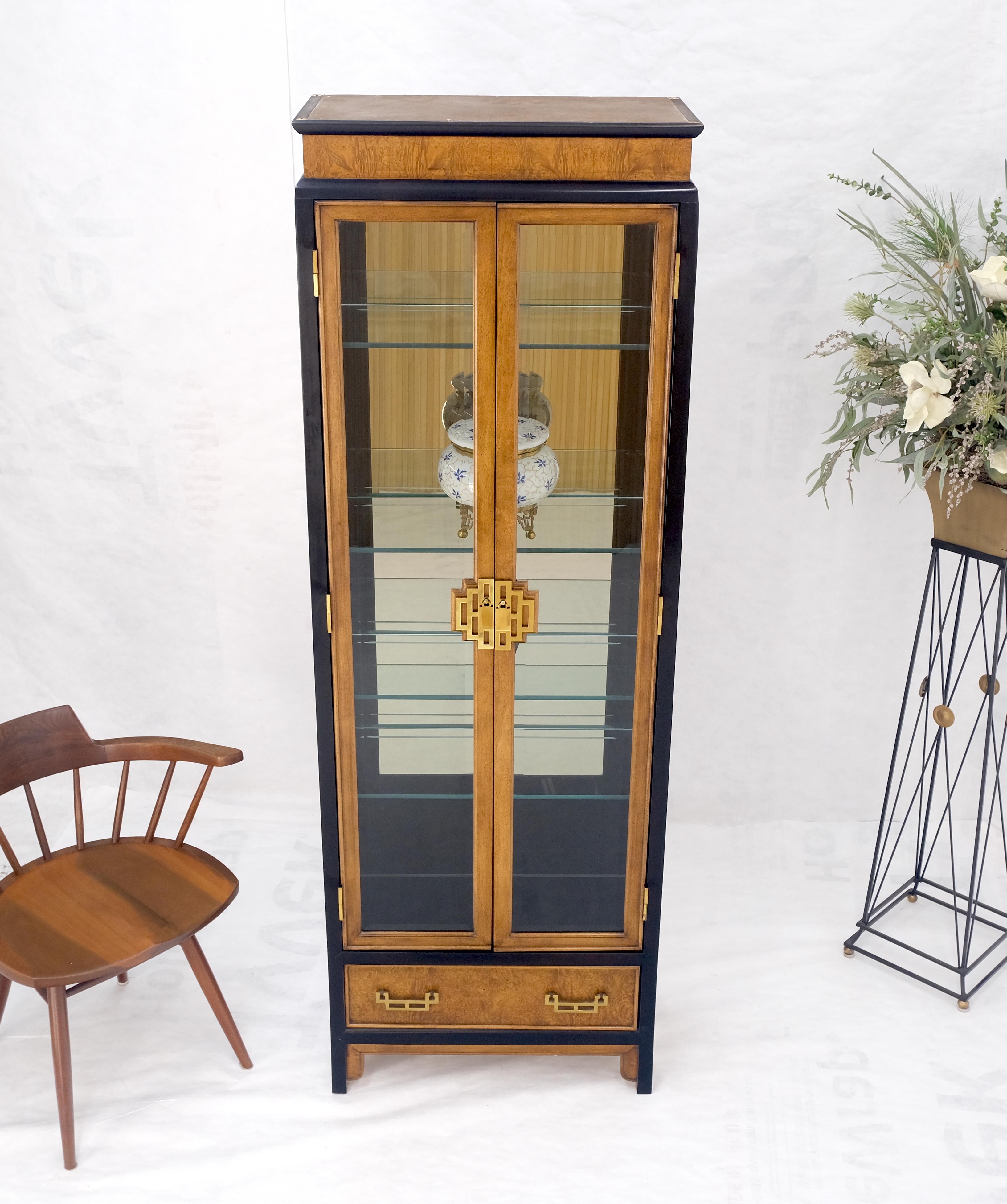 Double Doors Tall Narrow Glass Shelves Burl Wood Black Lacquer Vitrine Wall Unit In Excellent Condition In Rockaway, NJ