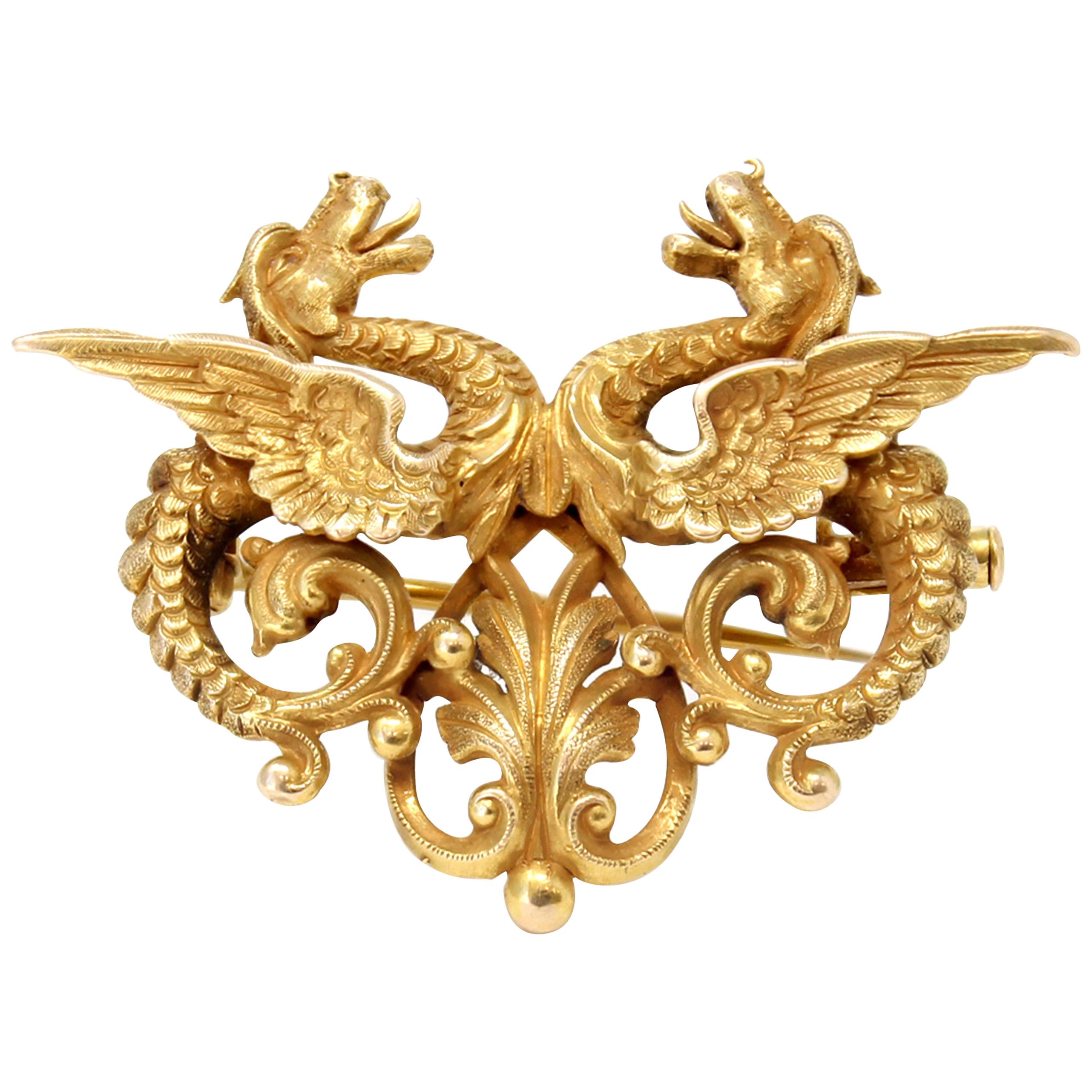 Double Dragon Brooch-Pendant in 14 Karat Yellow Gold