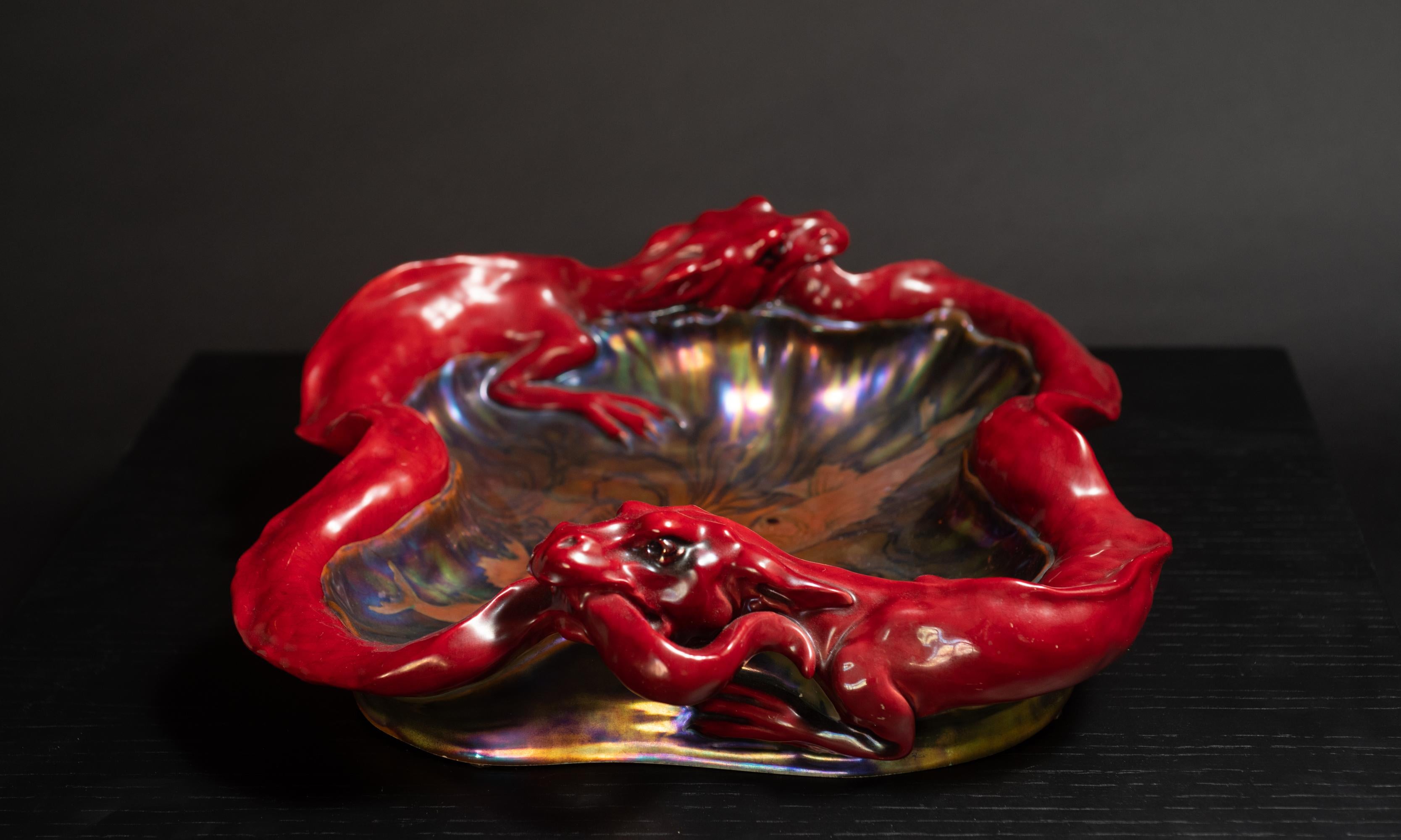 Art Nouveau Double Dragon Centerpiece Dish with Koi by Mihaly Kapas Nagy for Zsolnay For Sale