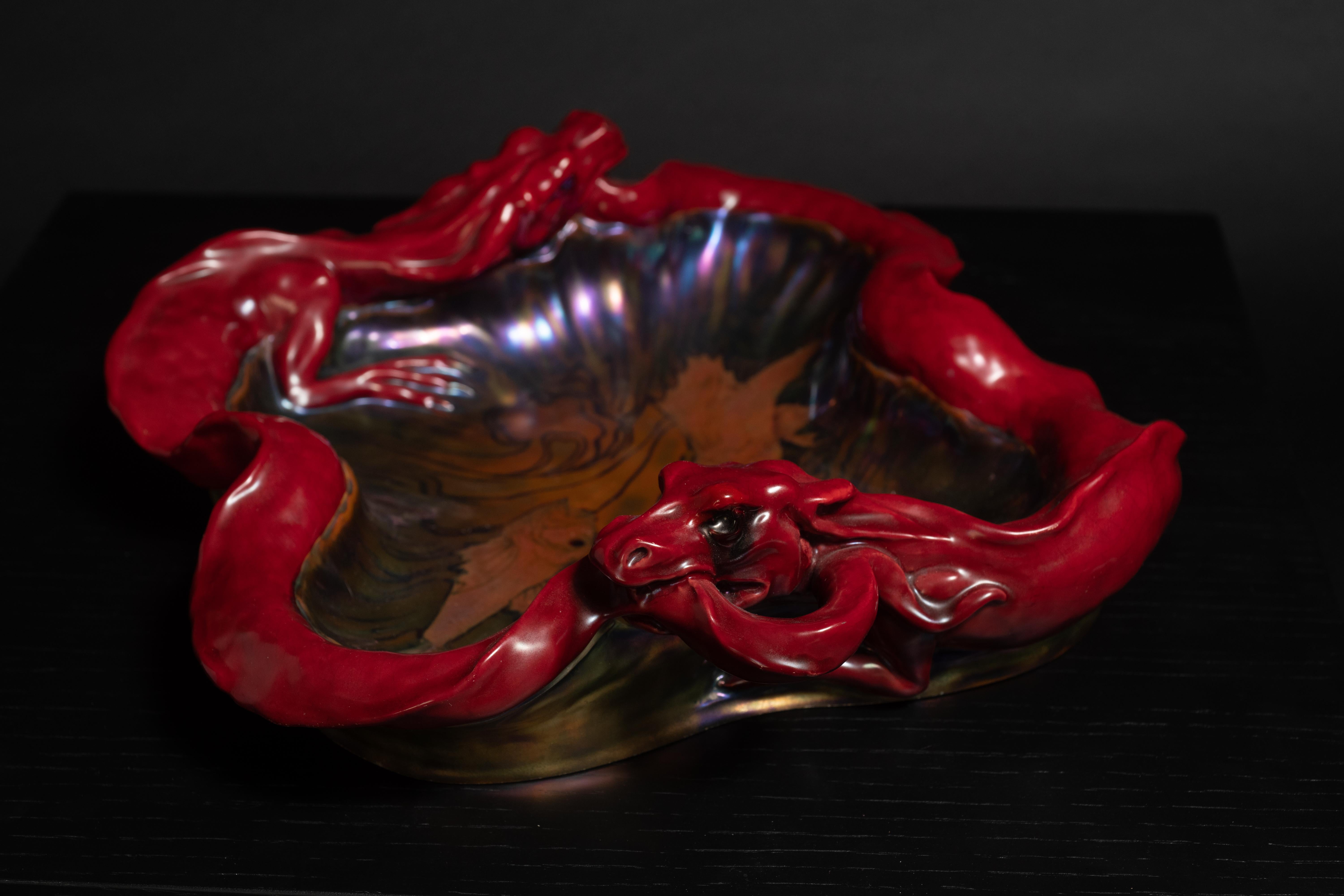 Hungarian Double Dragon Centerpiece Dish with Koi by Mihaly Kapas Nagy for Zsolnay For Sale