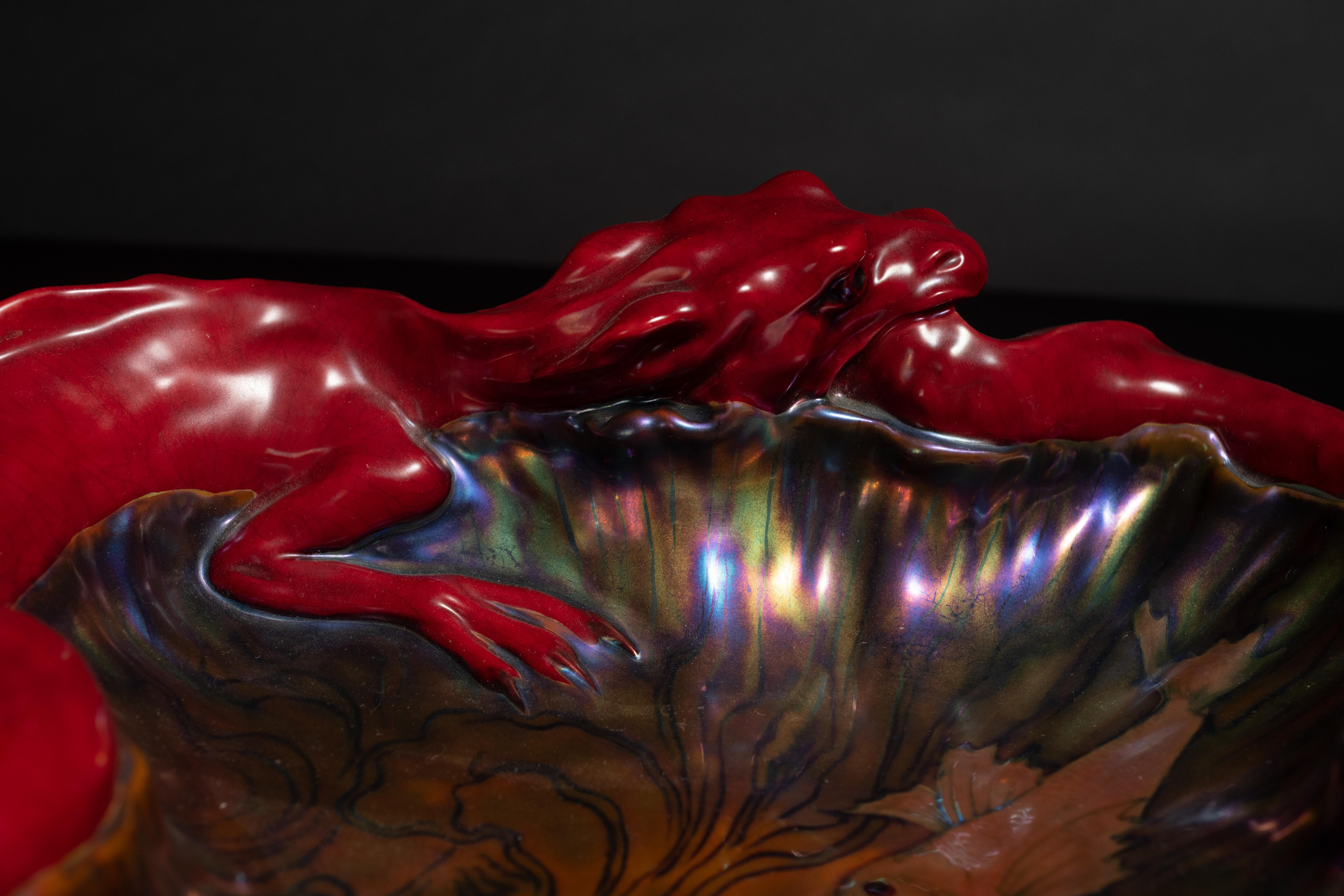 Double Dragon Centerpiece Dish with Koi by Mihaly Kapas Nagy for Zsolnay In Excellent Condition For Sale In Chicago, US