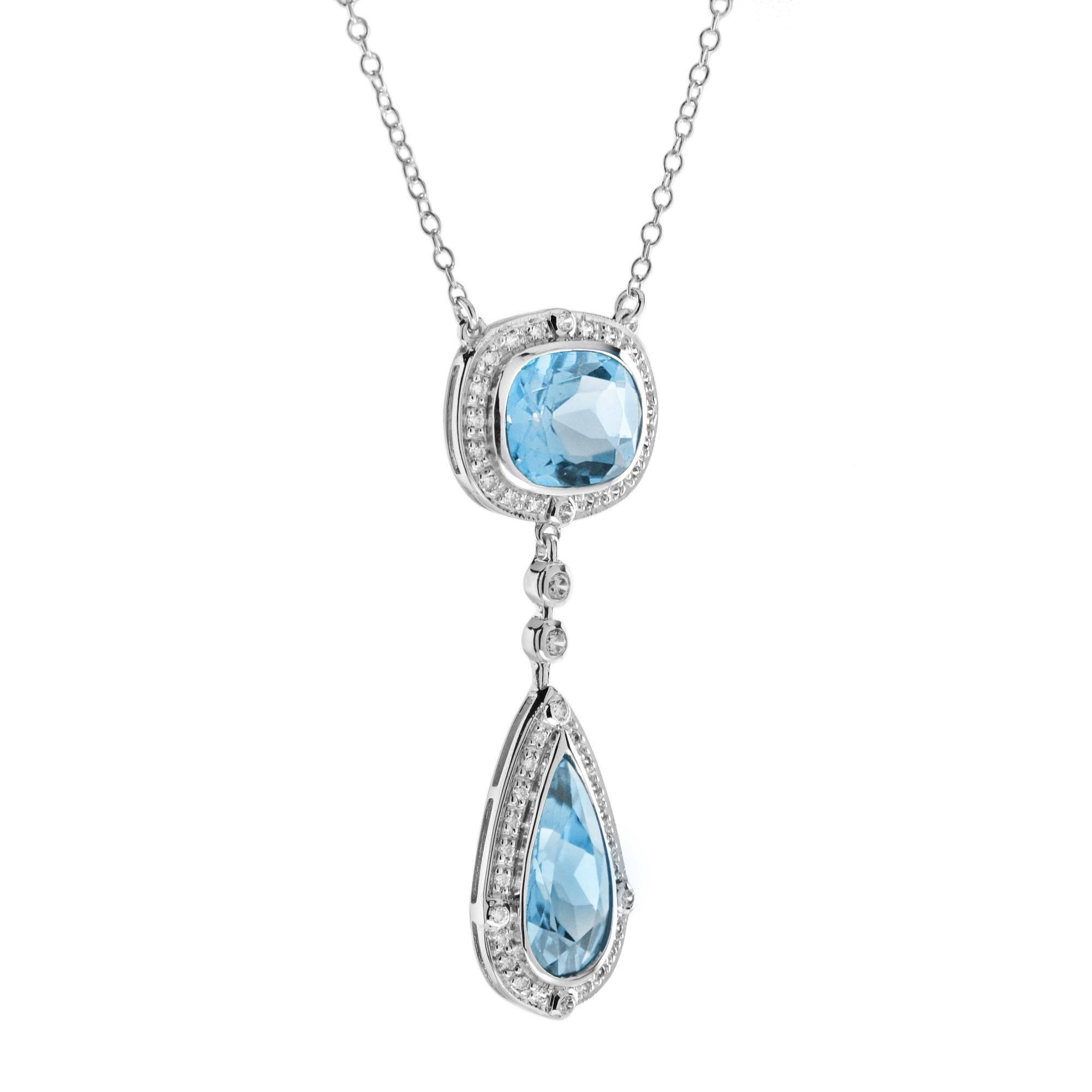 Create a stunning and adorable look with this double-drop sky blue topaz and diamond accent necklace! Cut to the mesmerizing, faceted cushion and pear shape. Adding to the stunning design, 0.37 carat round diamonds beautifully outline the focus