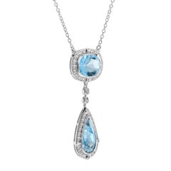 Double Drop Blue Topaz with Diamond Halo Accent Pendant 14K White Gold Necklace