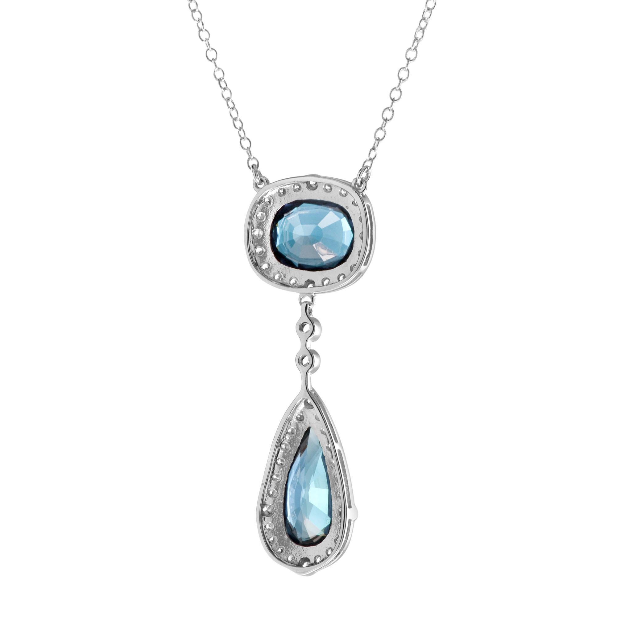 Art Deco Double Drop Blue Topaz with Diamond Halo Accent Pendant 14K White Gold Necklace For Sale