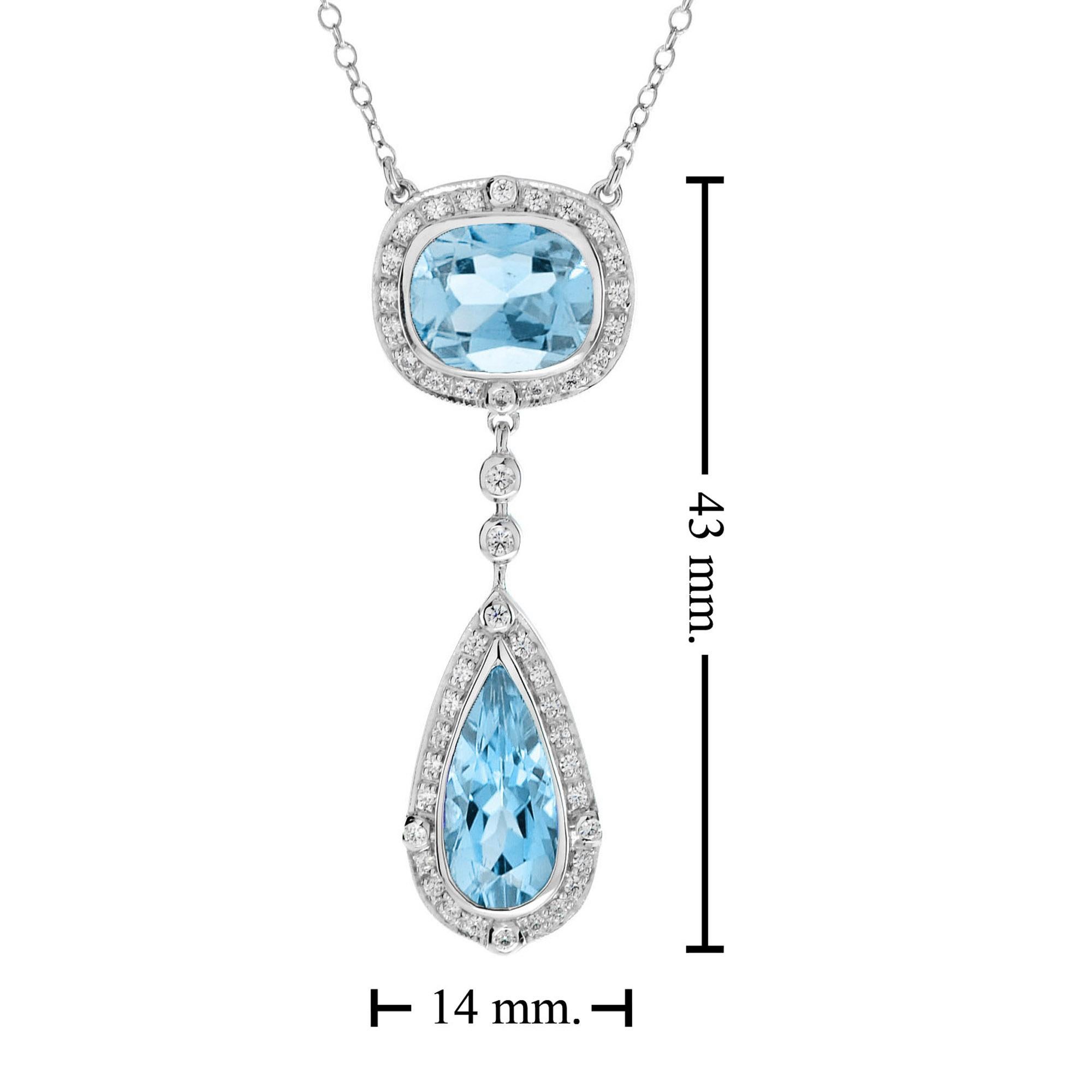 Double Drop Blue Topaz with Diamond Halo Accent Pendant 14K White Gold Necklace In New Condition For Sale In Oakton, VA