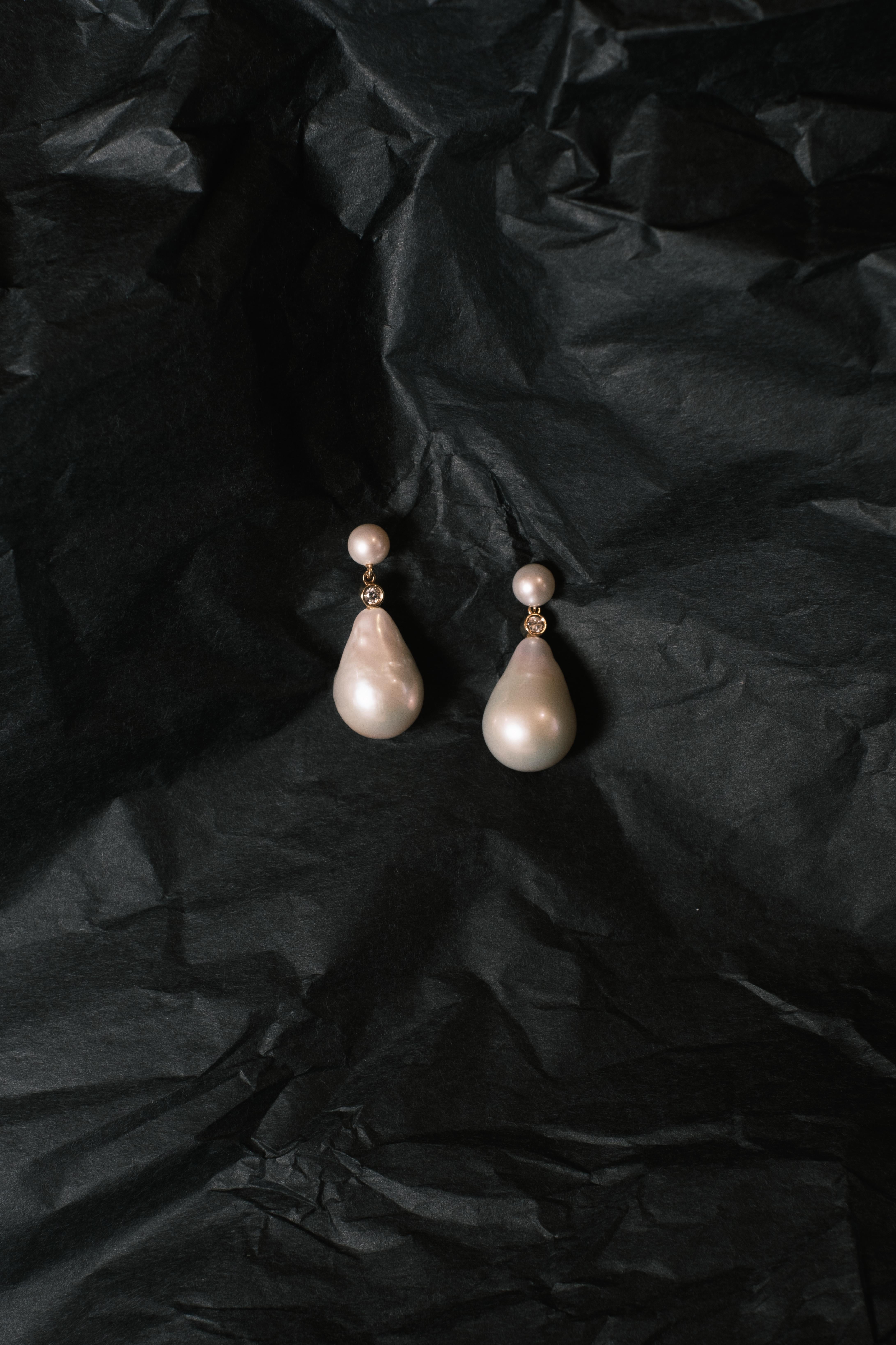 Contemporary Double Drop Diamond Pearl Earrings with 0.10ctw, 18K Gold, by Michelle Massoura For Sale