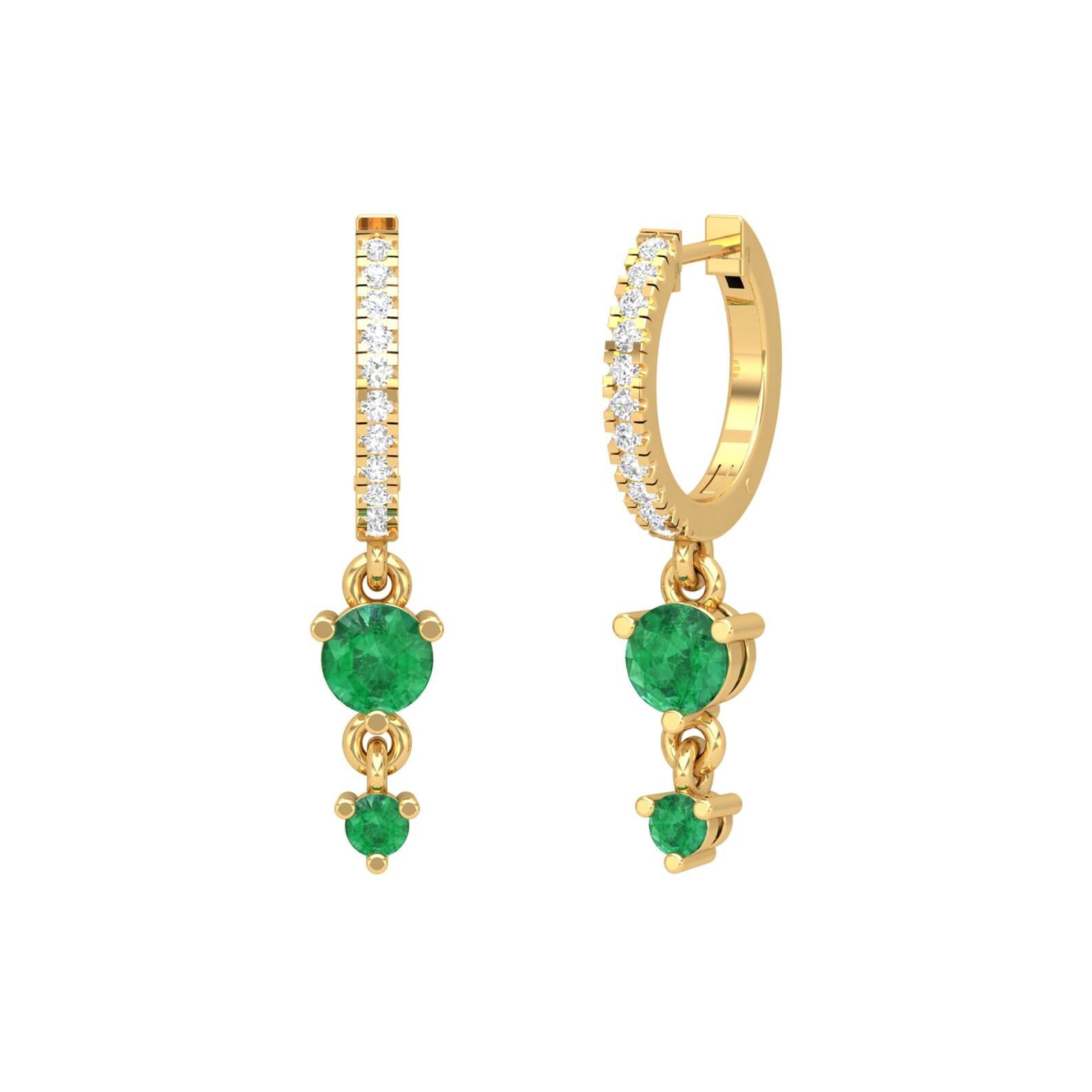 Doppelter Smaragd 14 Karat Gold Diamant Huggie Hoop Ohrringe (Moderne) im Angebot