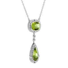 Double Drop Green Peridot with Diamond Halo Set 14K White Gold Pendant Necklace