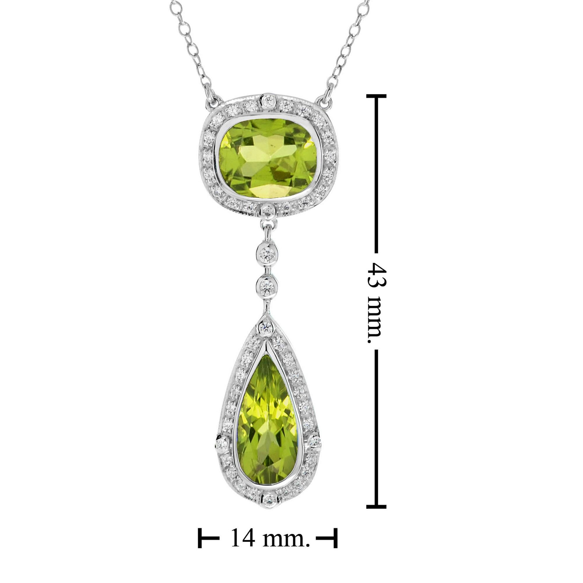 Cushion Cut Double Drop Green Peridot with Diamond Halo Set 14K White Gold Pendant Necklace For Sale