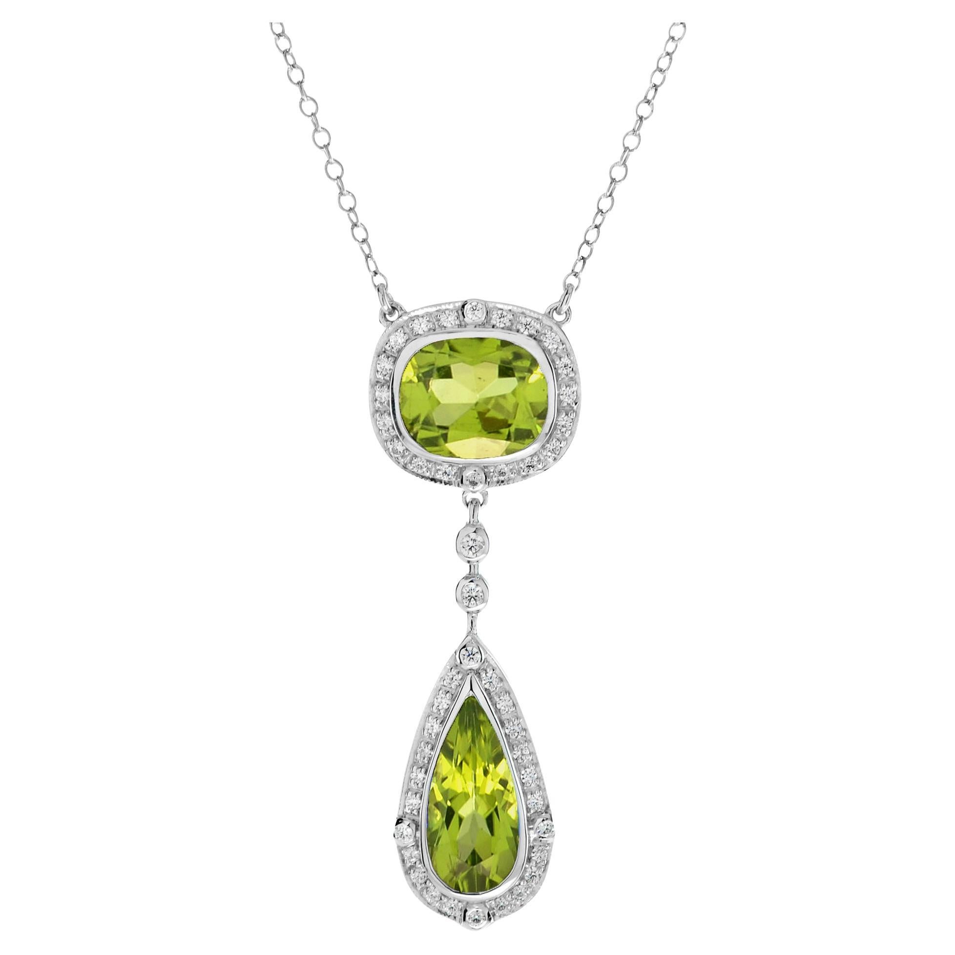 Double Drop Green Peridot with Diamond Halo Set 14K White Gold Pendant Necklace For Sale