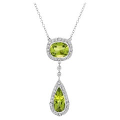 Double Drop Green Peridot with Diamond Halo Set 14K White Gold Pendant Necklace