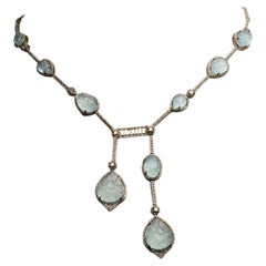 Double Drop Necklace with Carved Aquamarine Gemstones and Diamonds