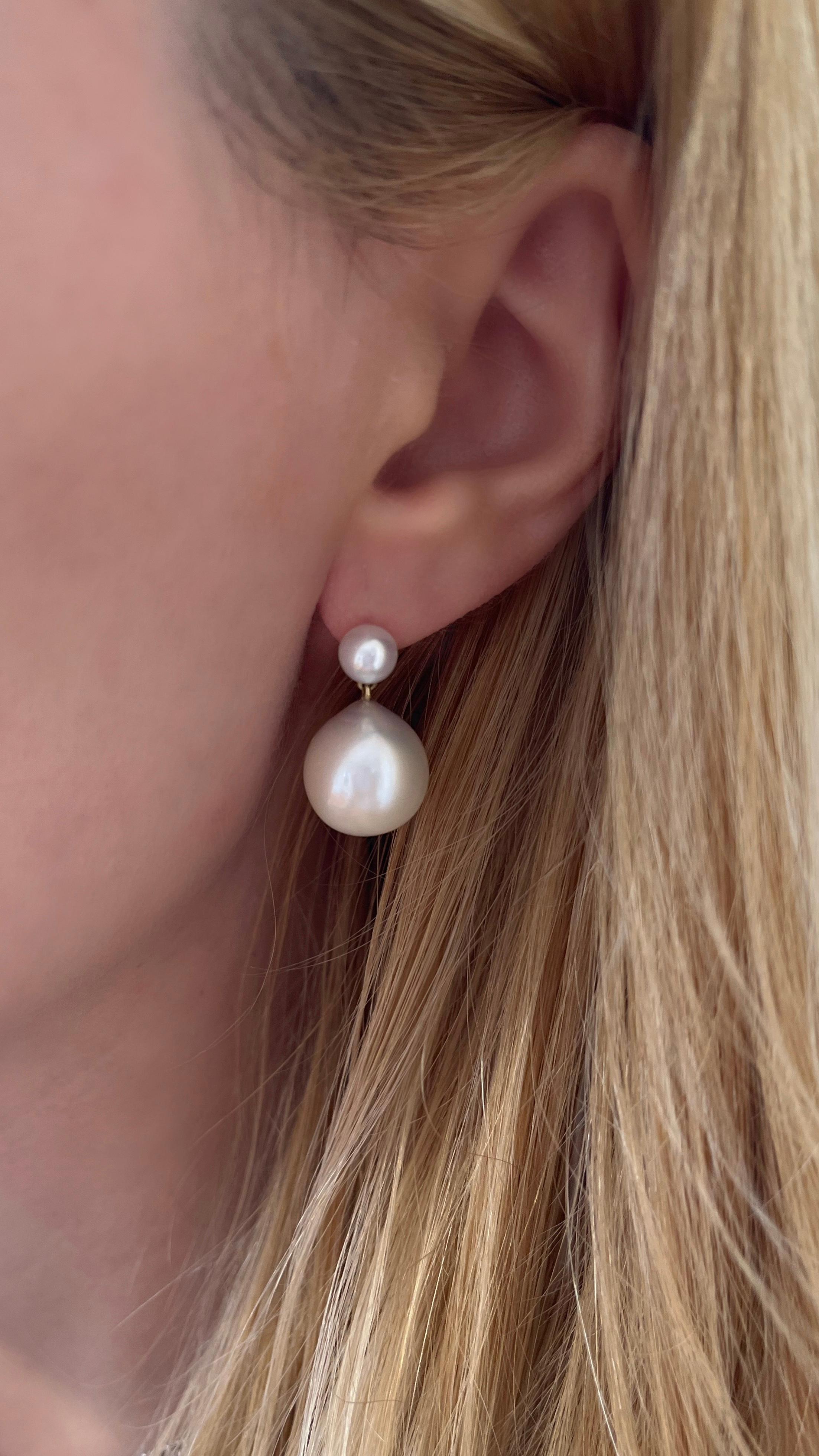 Round Cut Double Drop Pearl Earrings, 18k Gold  For Sale