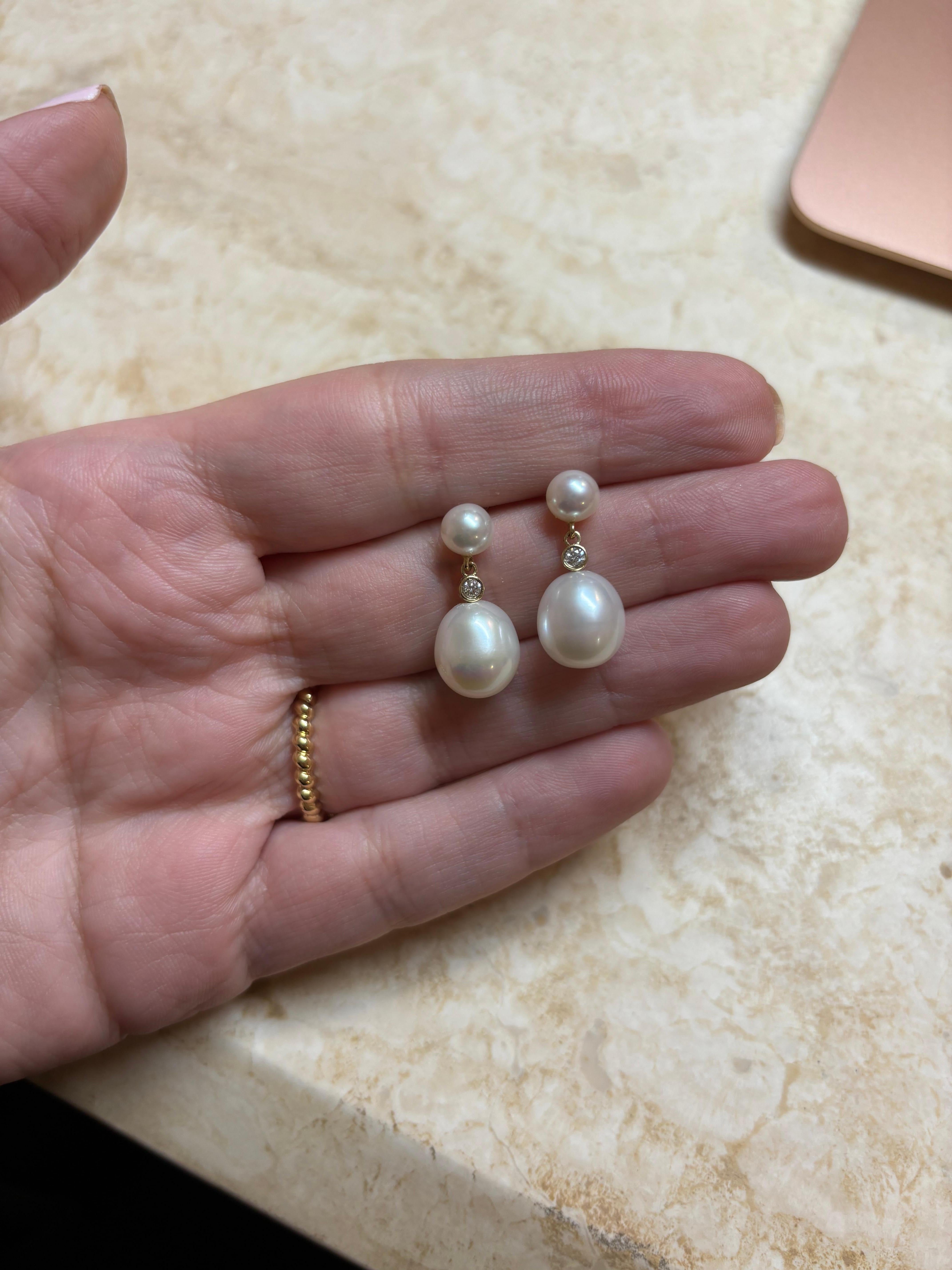 Contemporary Double Drop Pearl Earrings with 0.08ctw diamond, 18K Gold, by Michelle Massoura For Sale