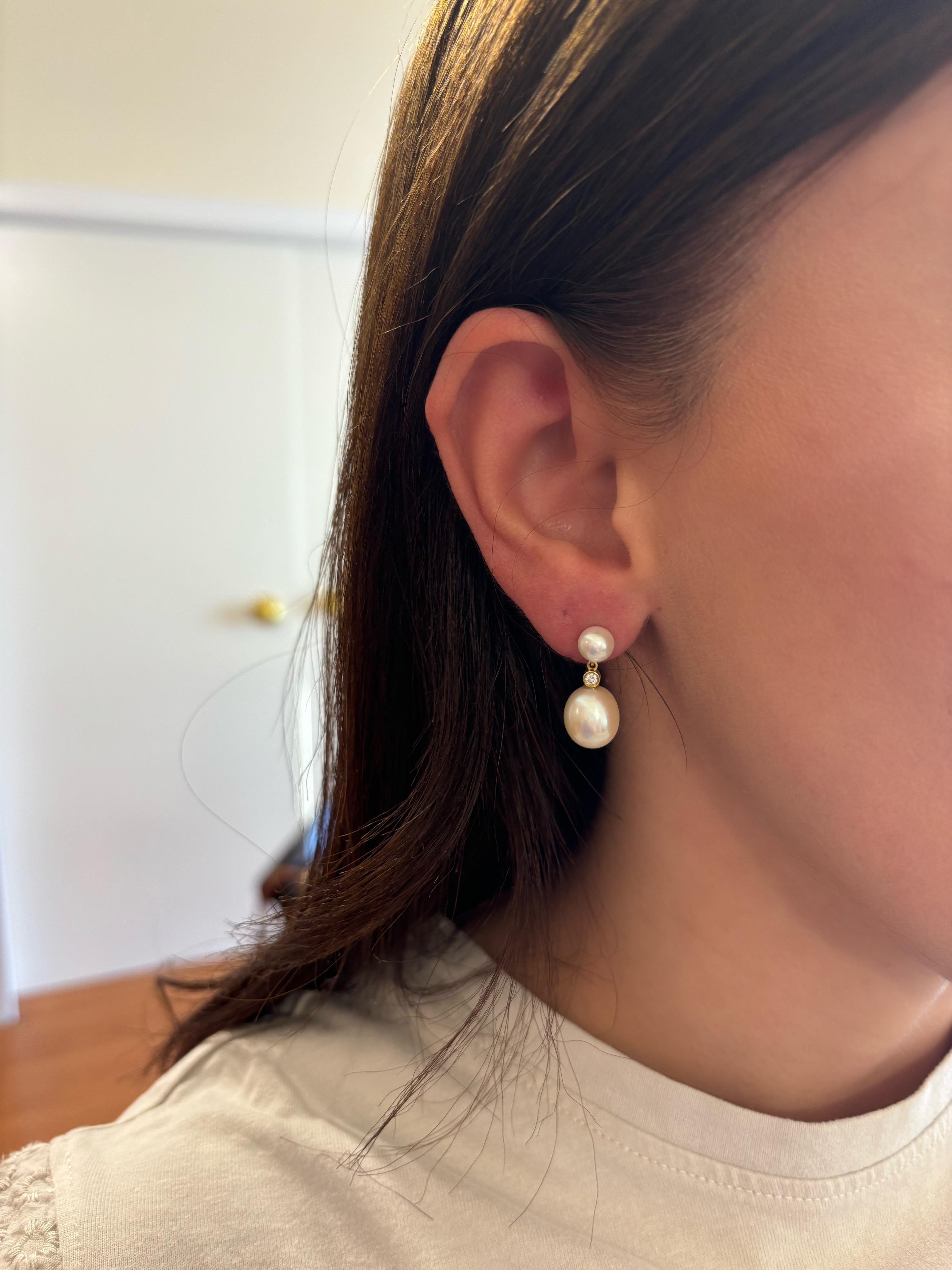 Round Cut Double Drop Pearl Earrings with 0.08ctw diamond, 18K Gold, by Michelle Massoura For Sale