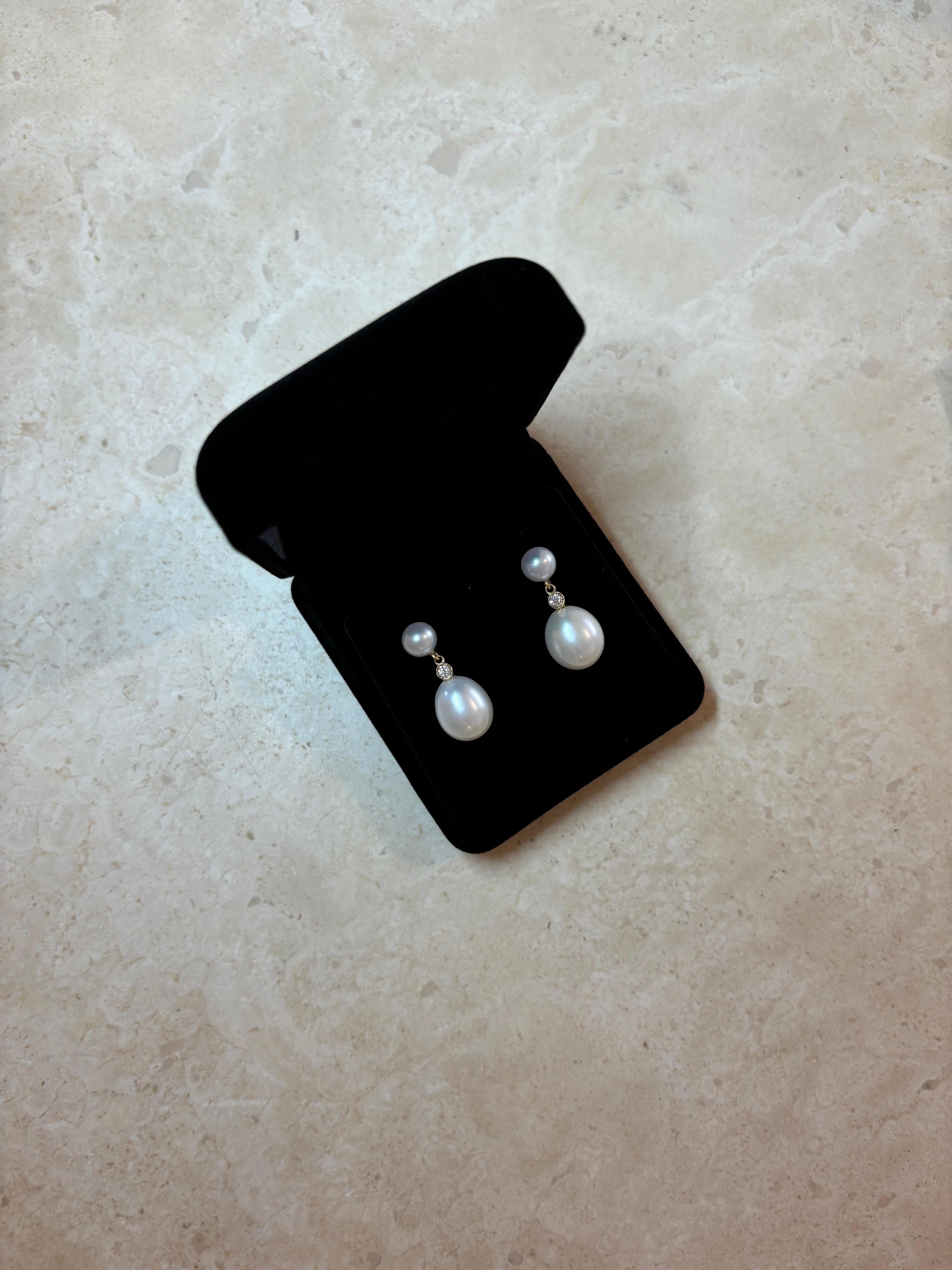 Women's or Men's Double Drop Pearl Earrings with 0.08ctw diamond, 18K Gold, by Michelle Massoura For Sale