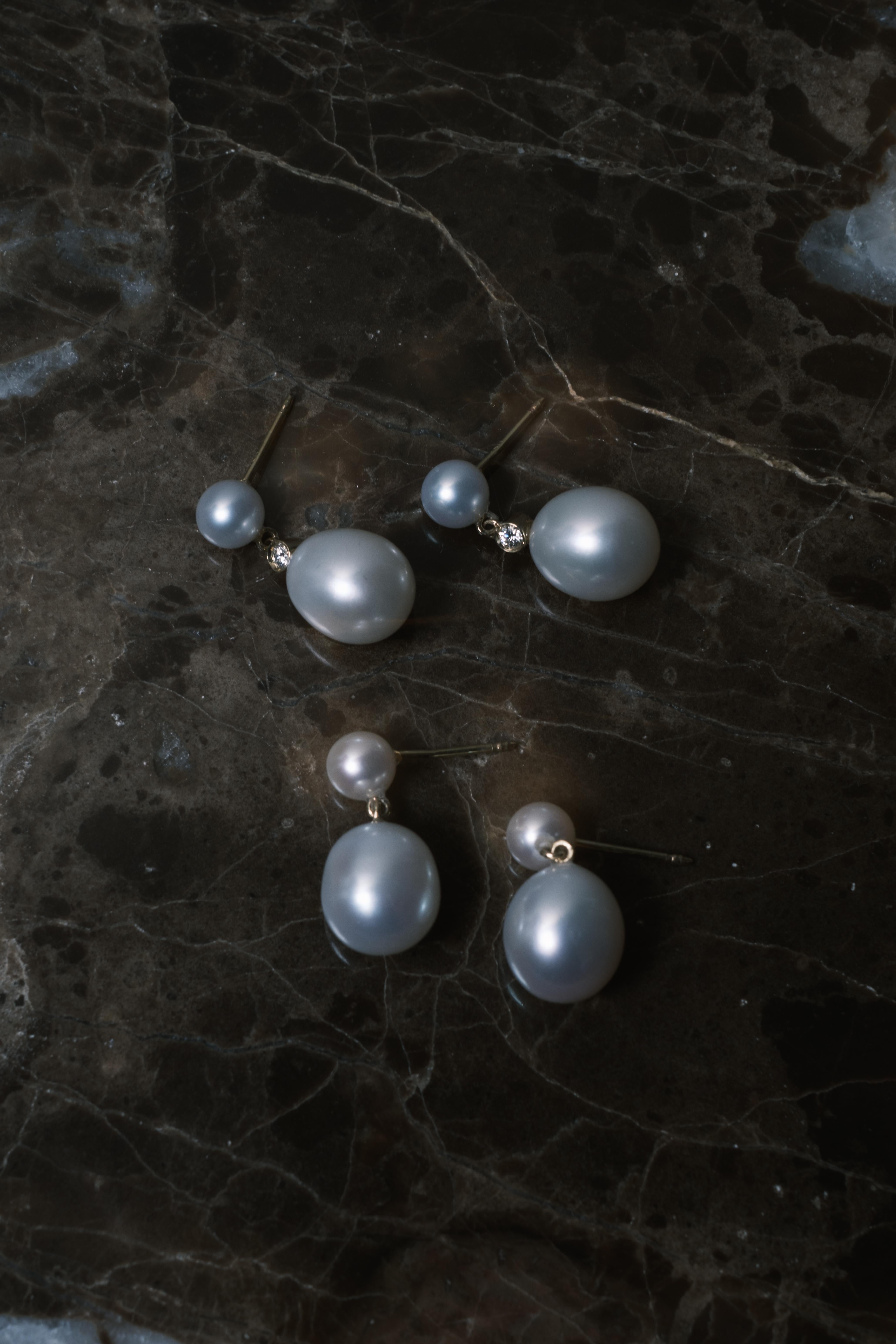 Double Drop Pearl Earrings with 0.08ctw diamond, 18K Gold, by Michelle Massoura For Sale 1