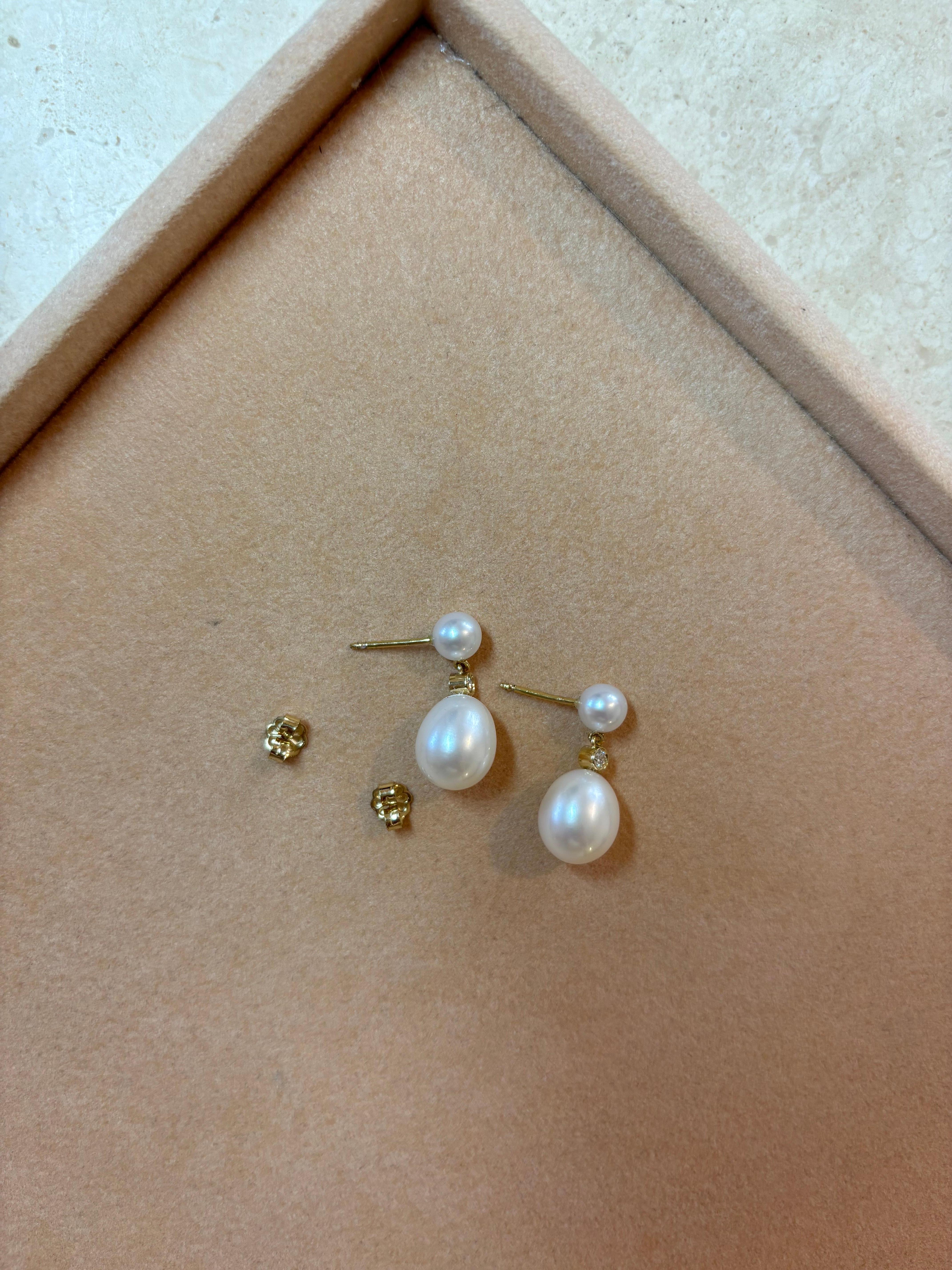 Double Drop Pearl Earrings with 0.08ctw diamond, 18K Gold, by Michelle Massoura For Sale 4