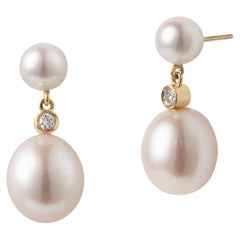 Pendientes de doble gota de perlas con diamante de 0,08 ctw, oro de 18 quilates, por Michelle Massoura