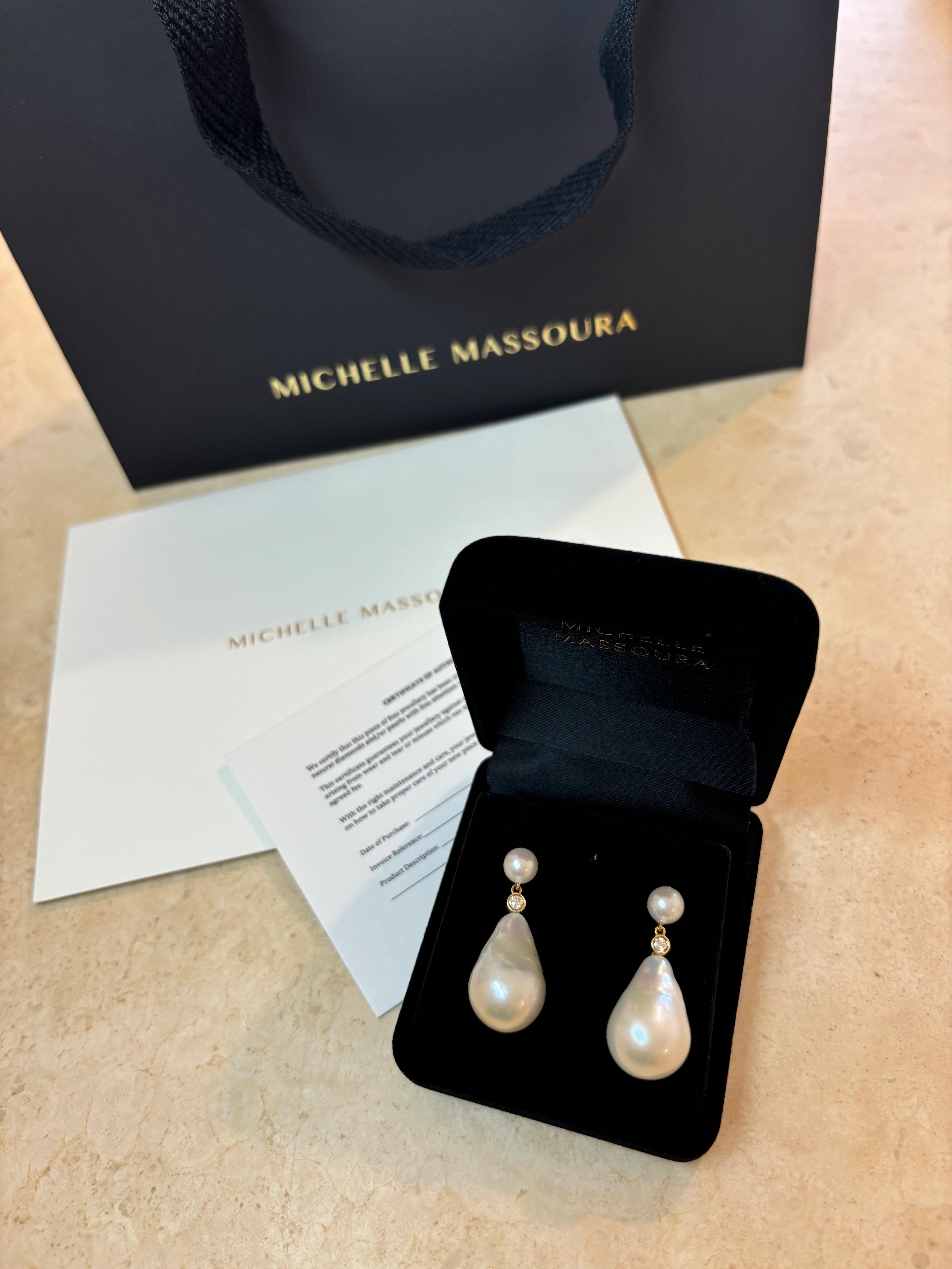 Women's Double Drop Diamond Pearl Earrings with 0.10ctw, 18K Gold, by Michelle Massoura For Sale