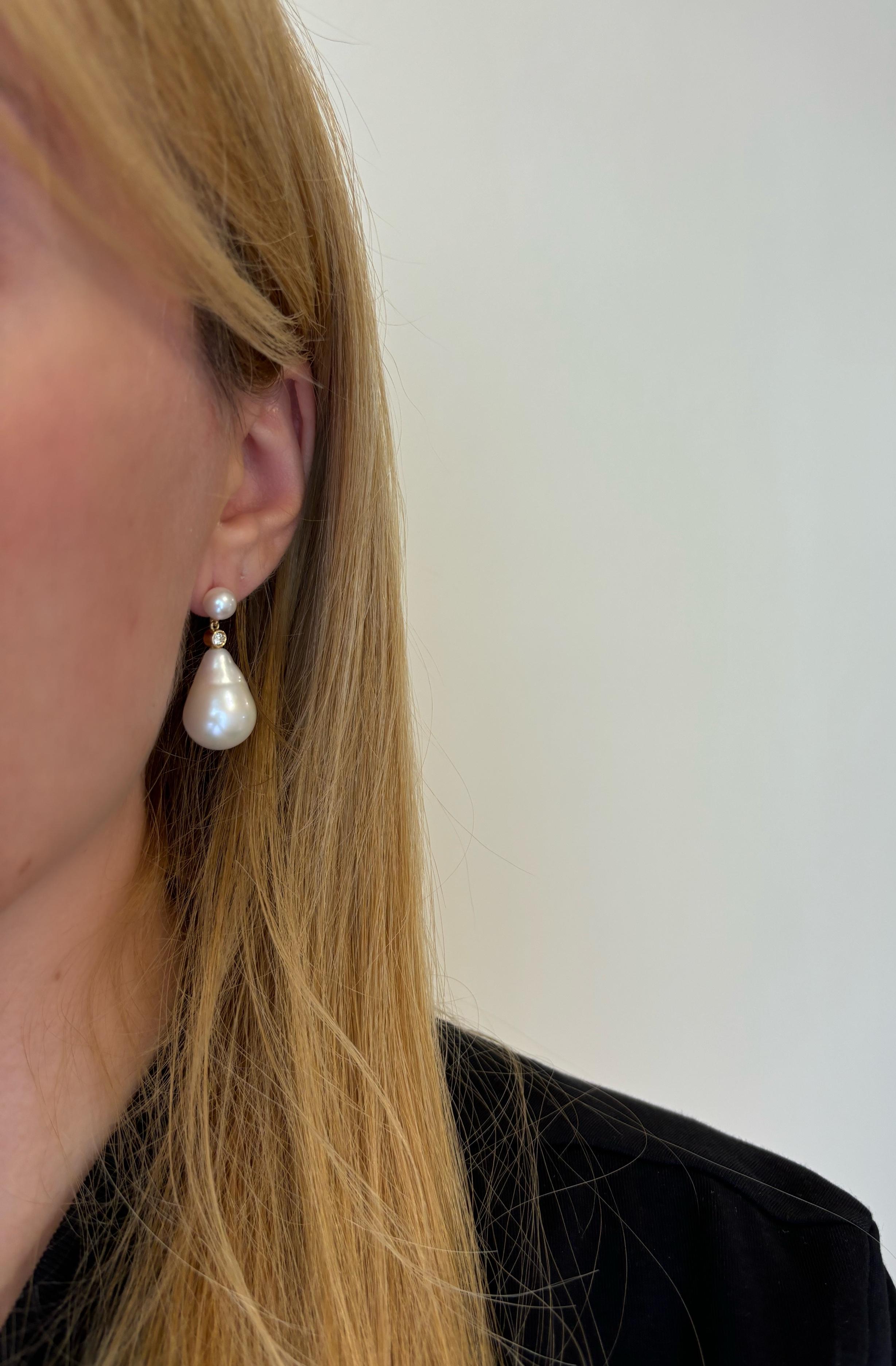 Double Drop Diamond Pearl Earrings with 0.10ctw, 18K Gold, by Michelle Massoura For Sale 2