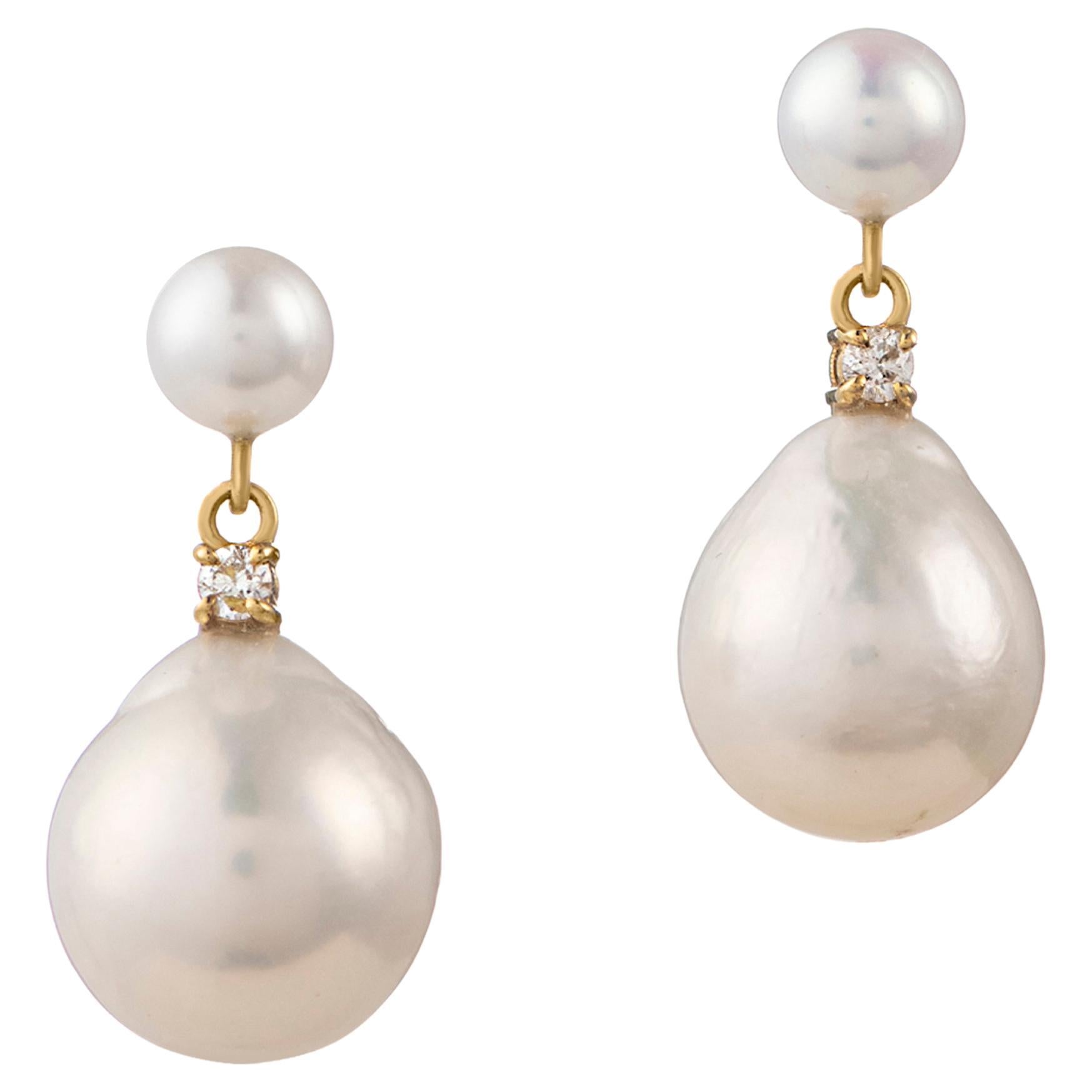 Double Drop Pearl Earrings with Diamonds (0.10ctw), 18K Gold For Sale