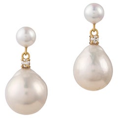 Vintage Double Drop Pearl Earrings with Diamonds (0.10ctw), 18K Gold