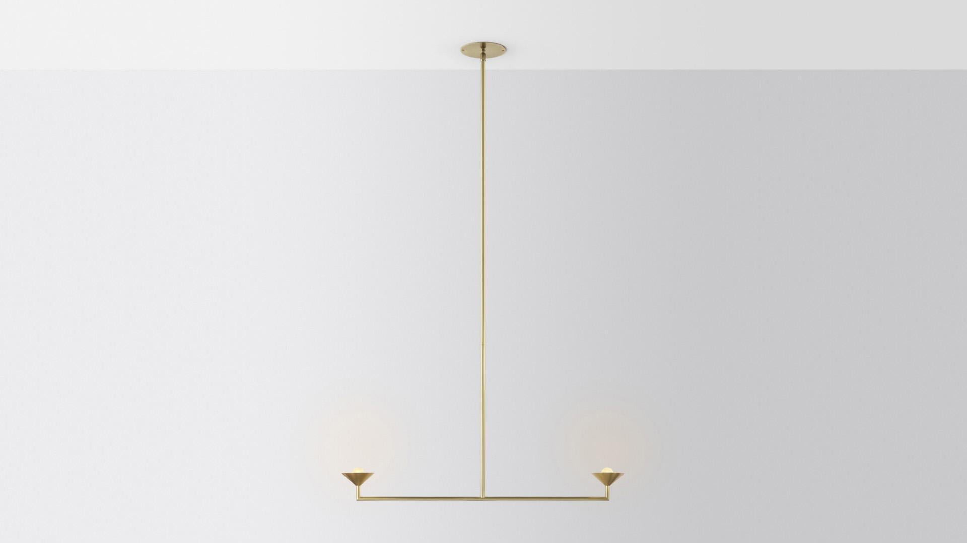 Double drop pendant light by Volker Haug
Dimensions: d 10.5 x w 90.5 x h 70 cm 
Material: Brass. 
Finish: Polished, aged, brushed, bronzed, blackened, or plated
Suspension: As specified (minimum 700mm)
Light: G4 - 12V, LED x 2
Power supply: