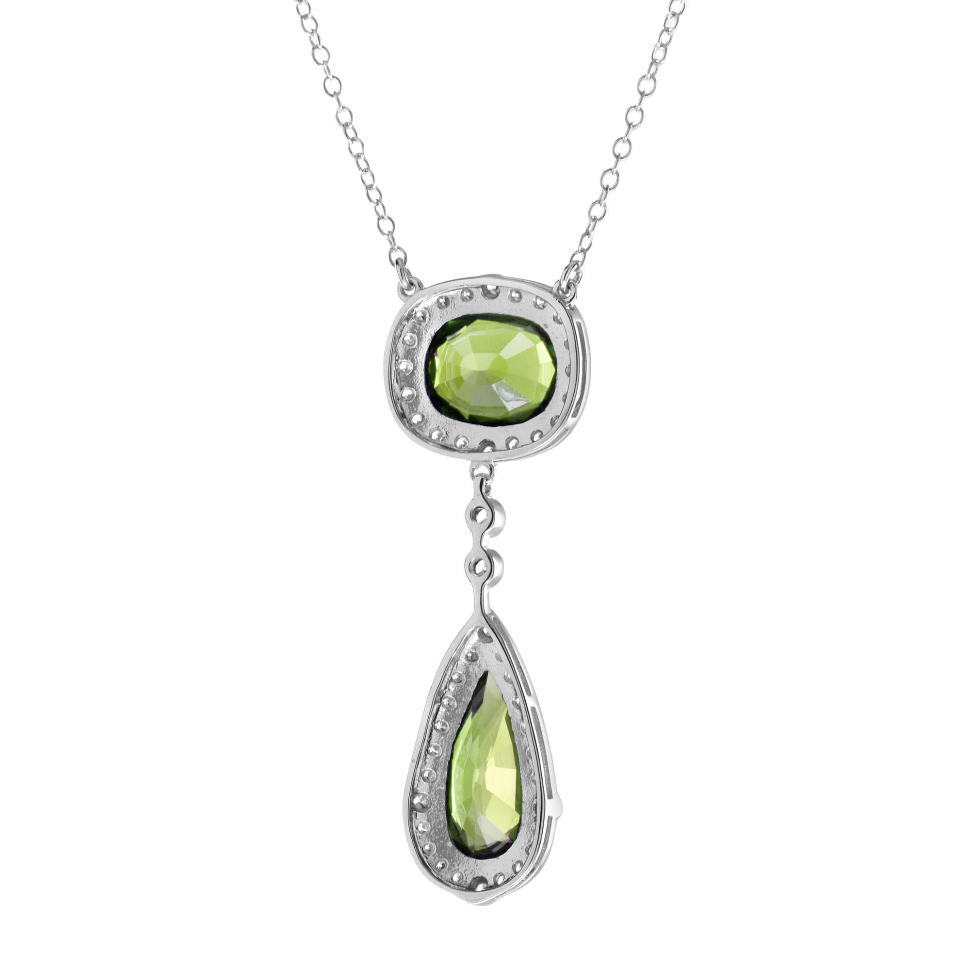 Pear Cut Drop and Cushion Peridot Diamond Halo Necklace in 18K White Gold For Sale