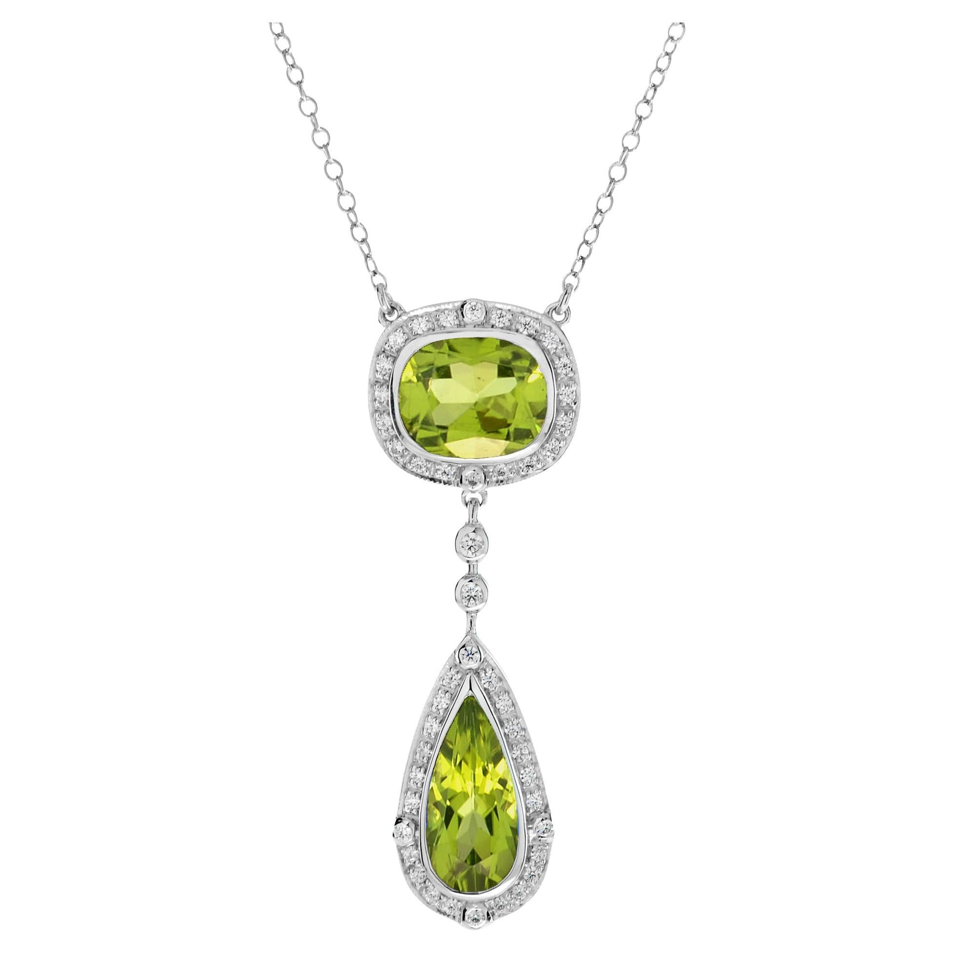 Drop and Cushion Peridot Diamond Halo Necklace in 18K White Gold For Sale