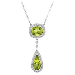 Drop and Cushion Peridot Diamond Halo Necklace in 18K White Gold