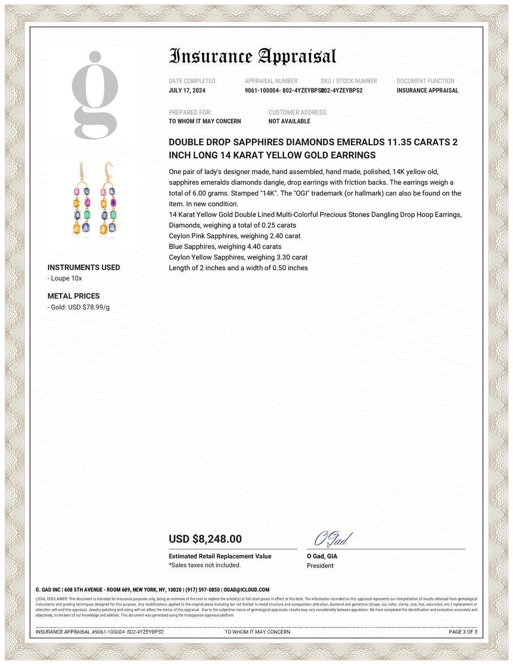 Contemporain Boucles d'oreilles de 2 pouces de long en or avec saphirs, diamants et émeraudes 11,35 carats en vente