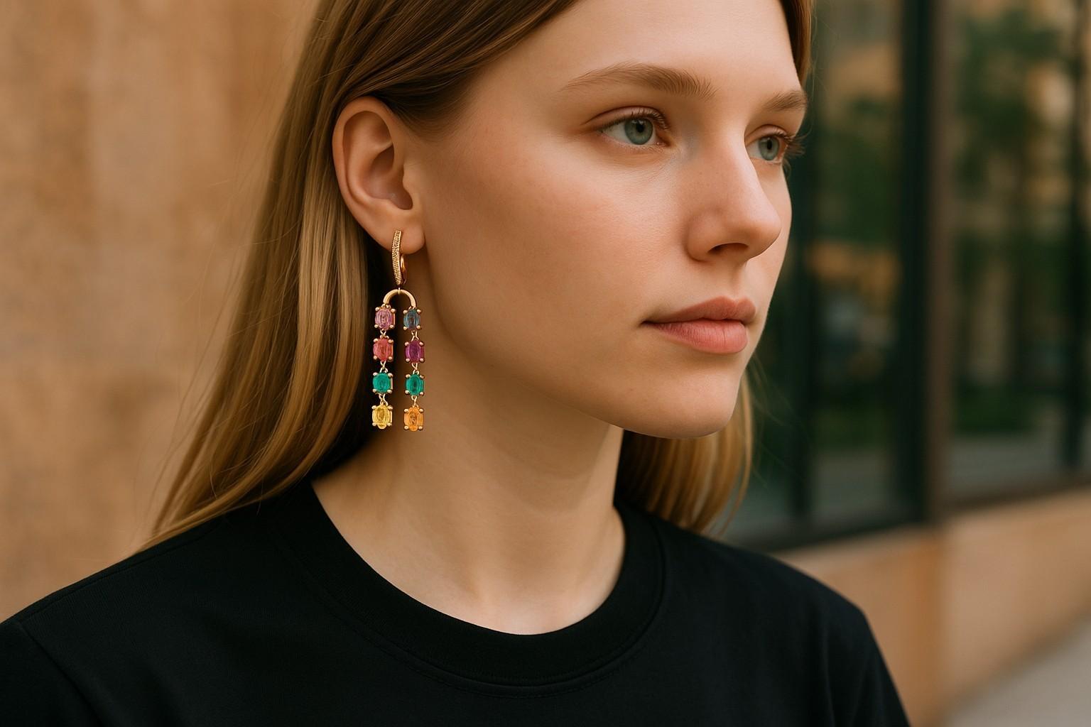 Voici nos exquises boucles d'oreilles pendantes en or jaune 14 carats, doublées de pierres précieuses multicolores, un véritable témoignage d'élégance et de style. Réalisées avec une attention méticuleuse aux détails, ces boucles d'oreilles sont