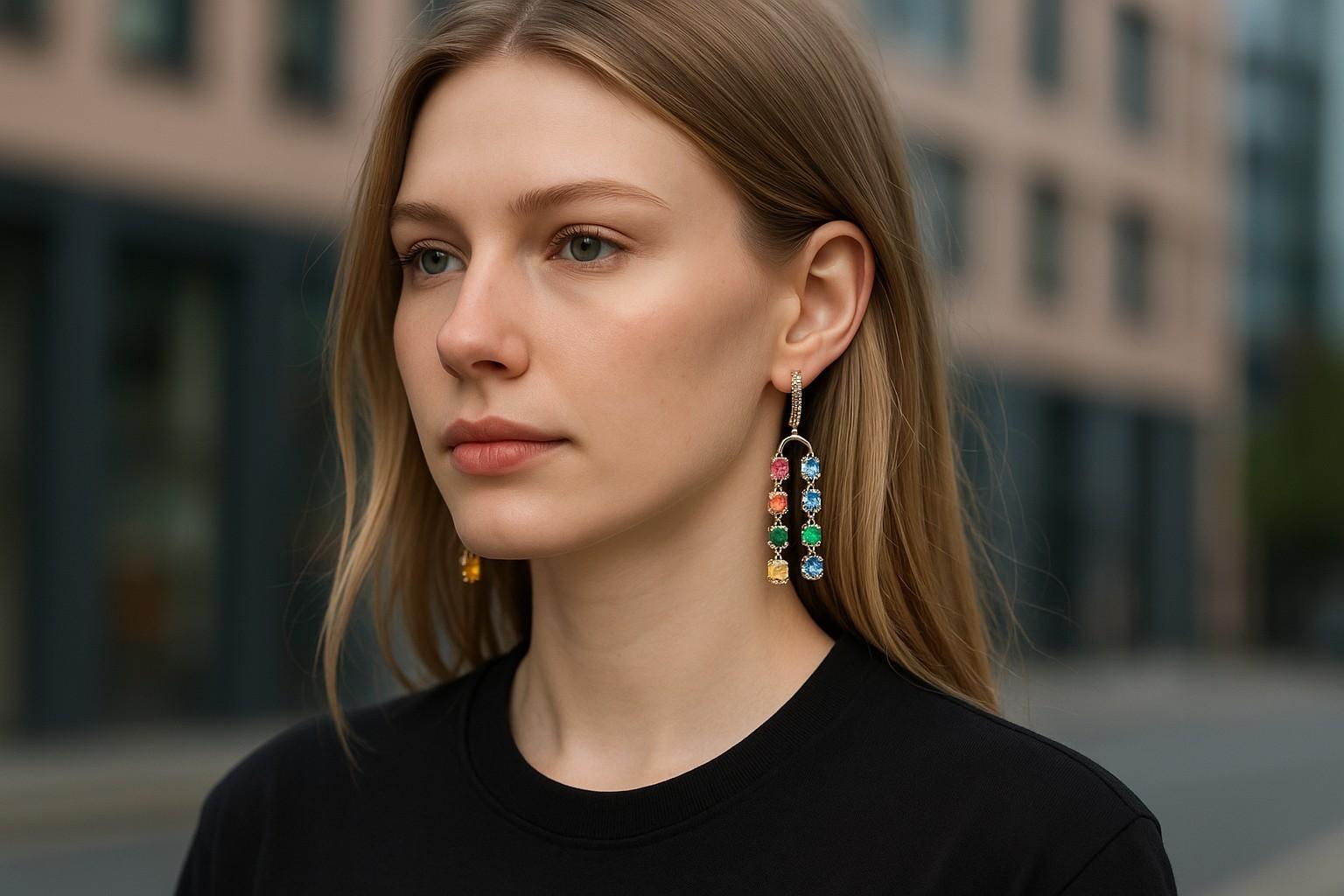 Taille ovale Boucles d'oreilles de 2 pouces de long en or avec saphirs, diamants et émeraudes 11,35 carats en vente