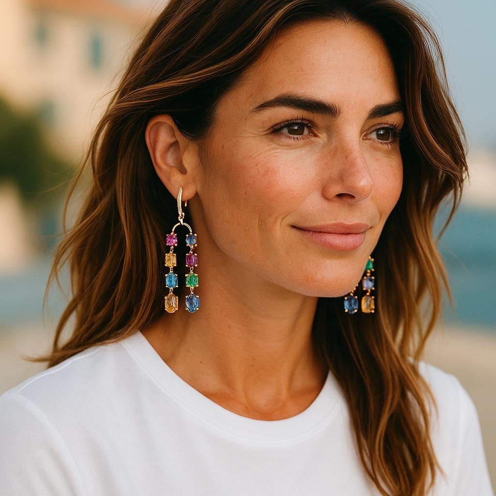 Boucles d'oreilles de 2 pouces de long en or avec saphirs, diamants et émeraudes 11,35 carats en vente 1