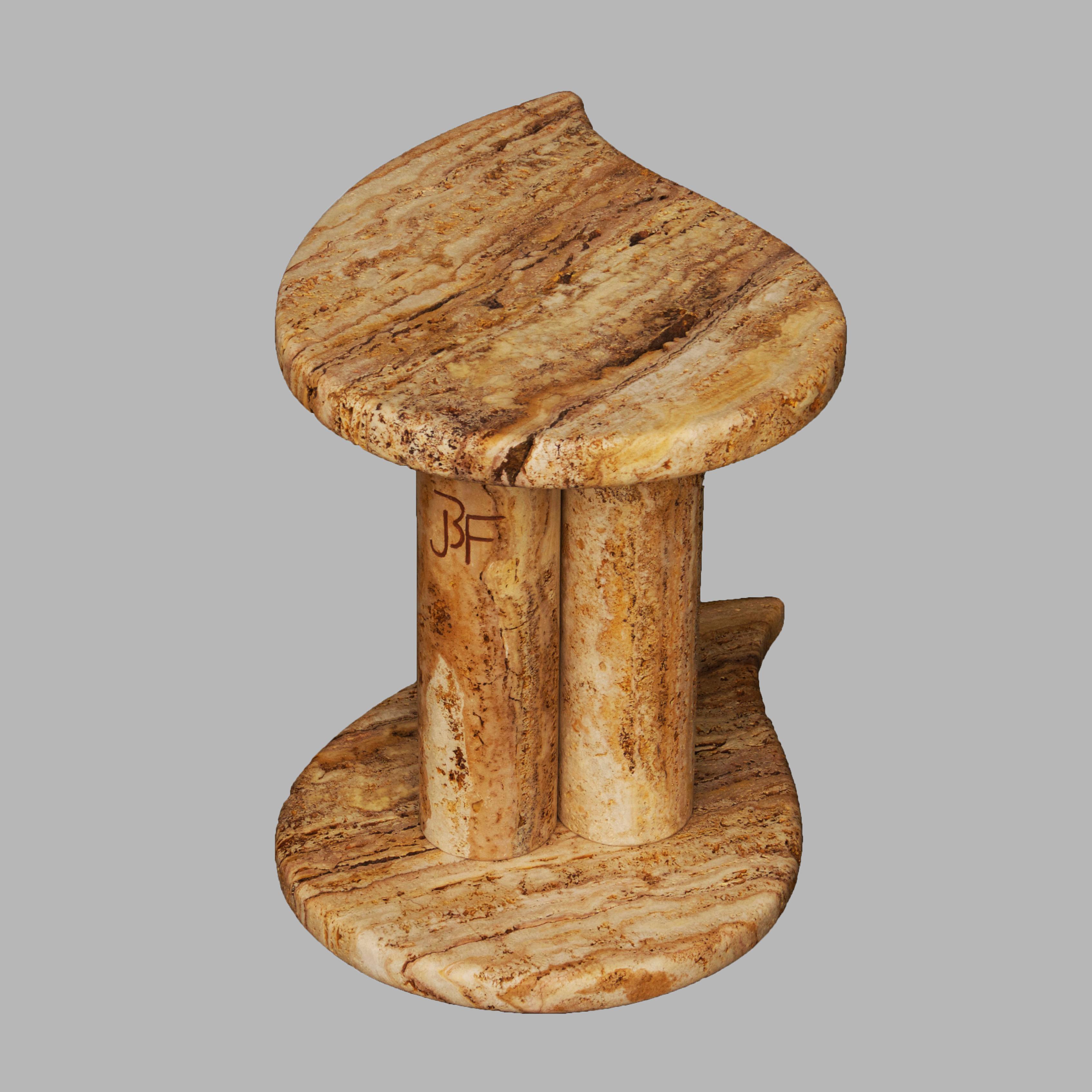 Double drop side table by Jean-Fréderic Bourdier
Dimensions: D 52 x W 35 x H 40 cm
Materials: Travertine.

Mostly guided by his sculptor skills JFB and his life time strong attraction for nature, has started out this collection in 2021 as he