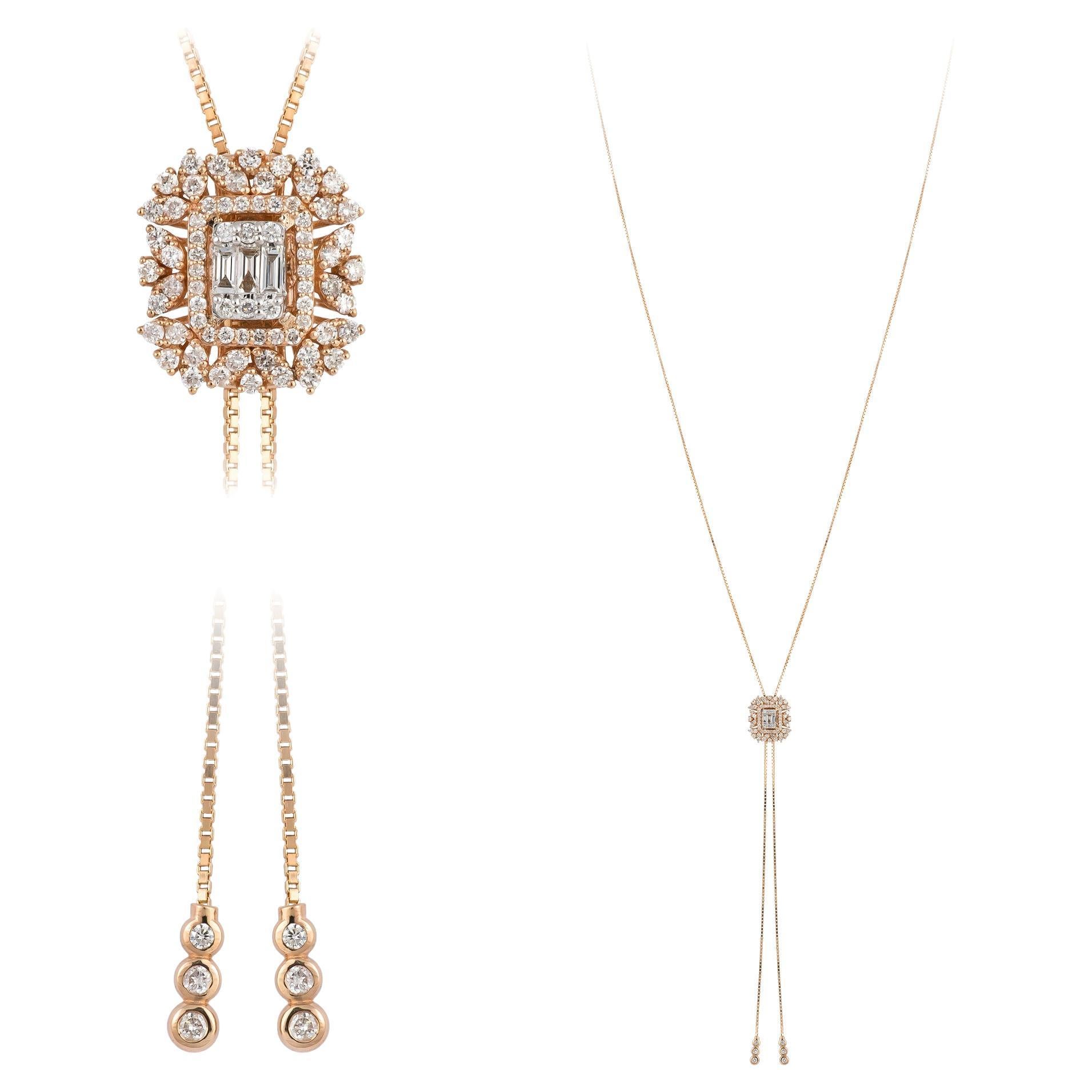 Double Drop Weiß Pink Gold 18K Halskette Diamant für Sie im Angebot