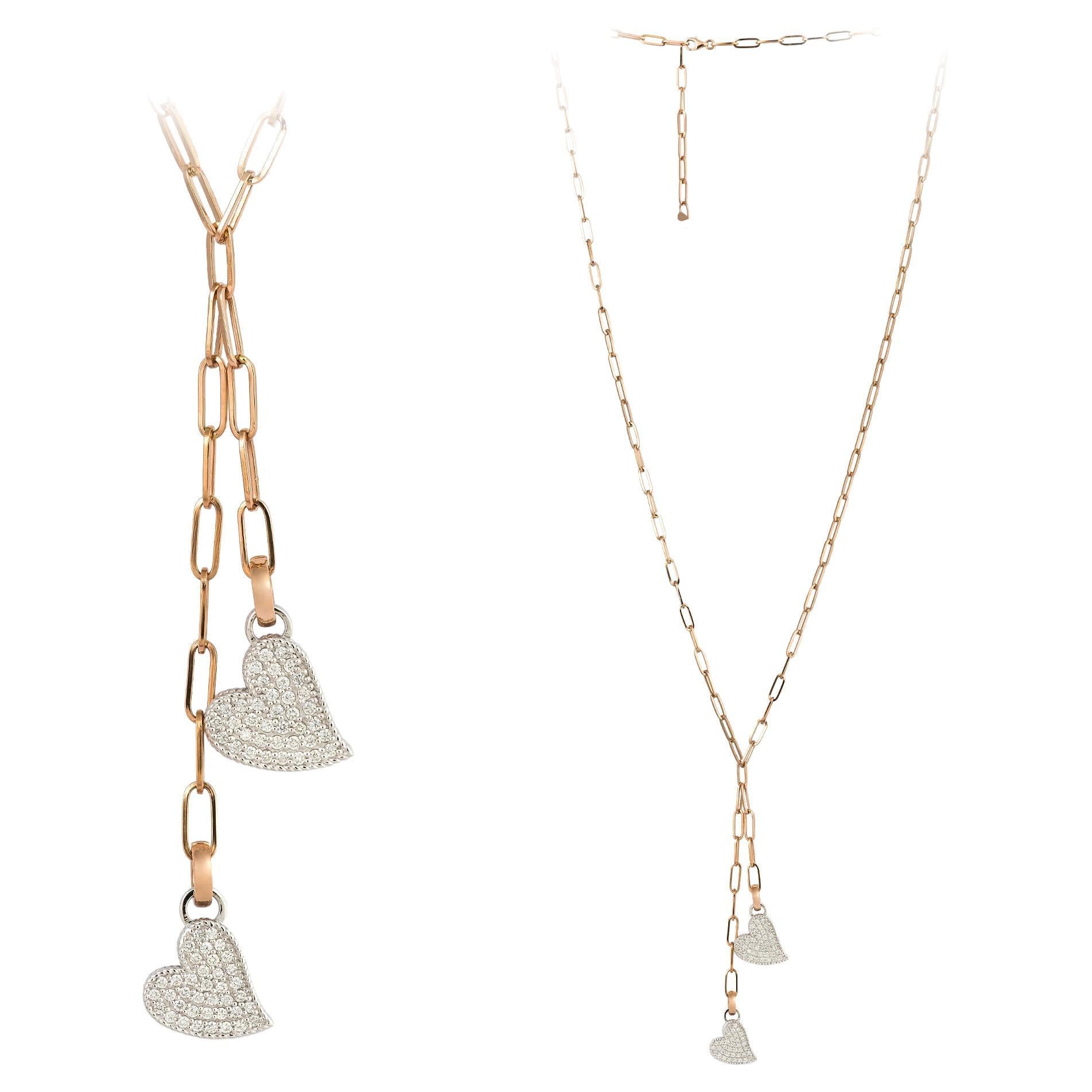 Double Drop Weiß Pink Gold 18K Halskette Diamant für Sie im Angebot