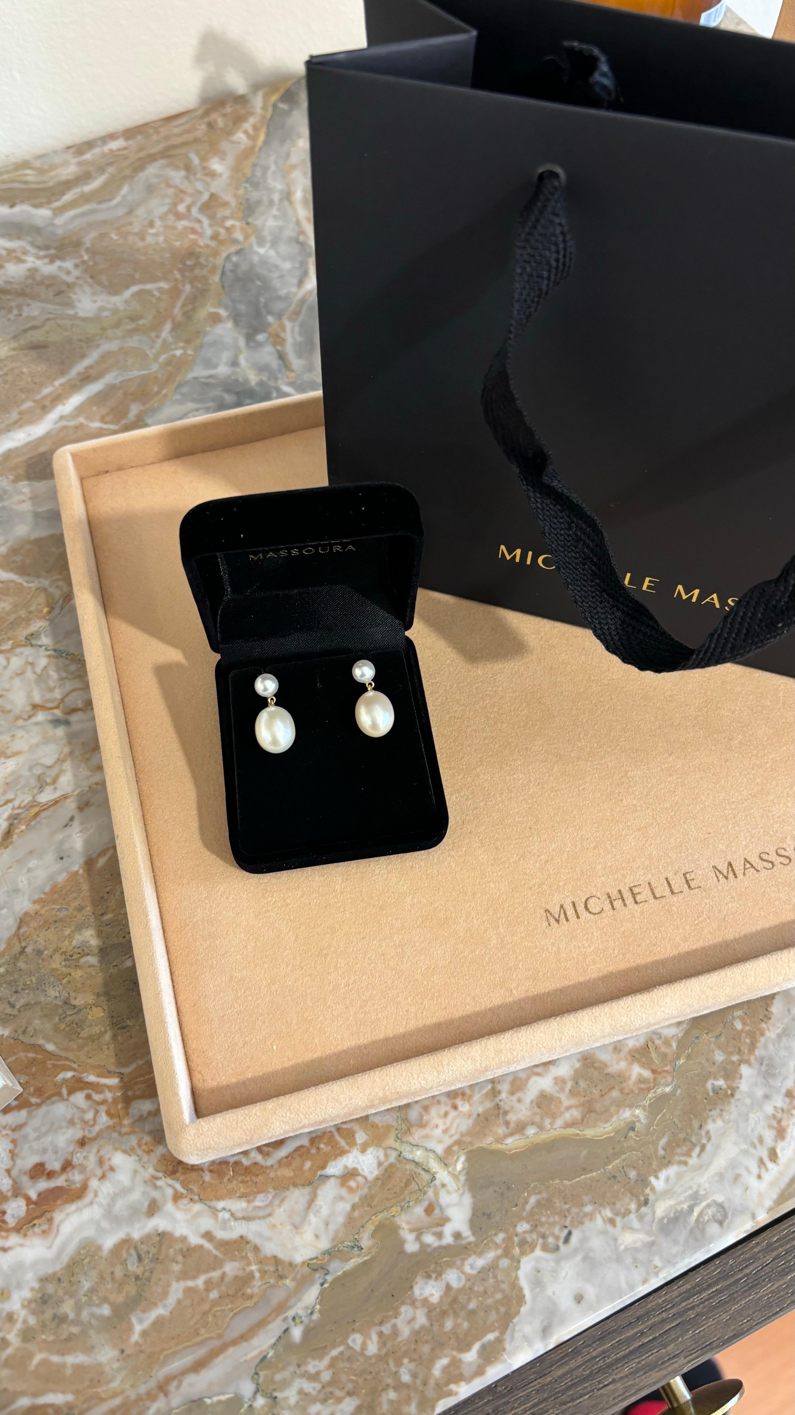 Contemporary Double Drops Pearl Earrings, 18K Gold, by Michelle Massoura For Sale